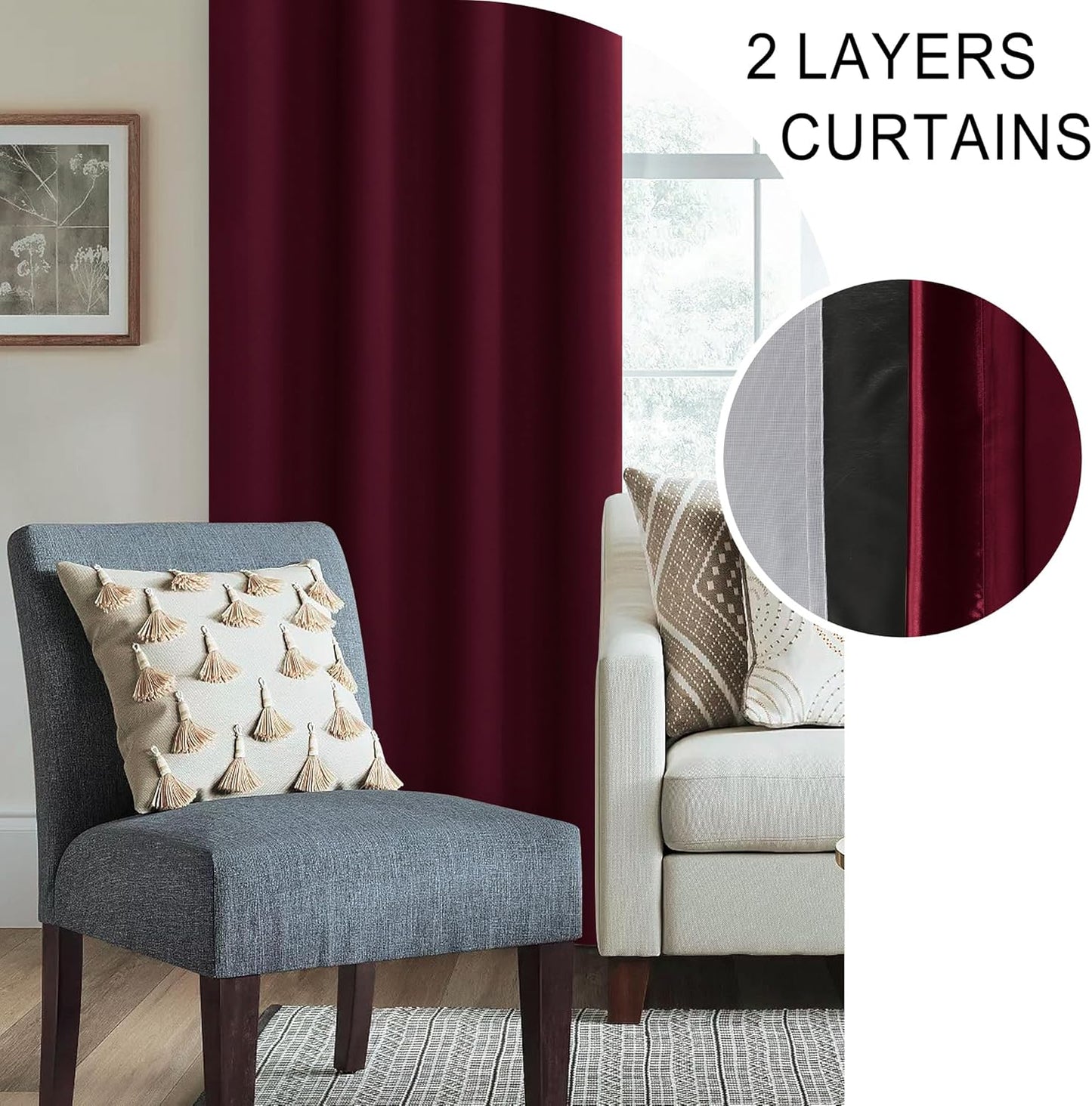 XWZO Full Shading Blackout Curtains 63 Inches Length - Heat and Light Blocking Rod Pocket Window Drapes with Black Liner Backing for Bedroom Sewn with Tiebacks, Burgundy, W52 x L63, Set of 2 Panels