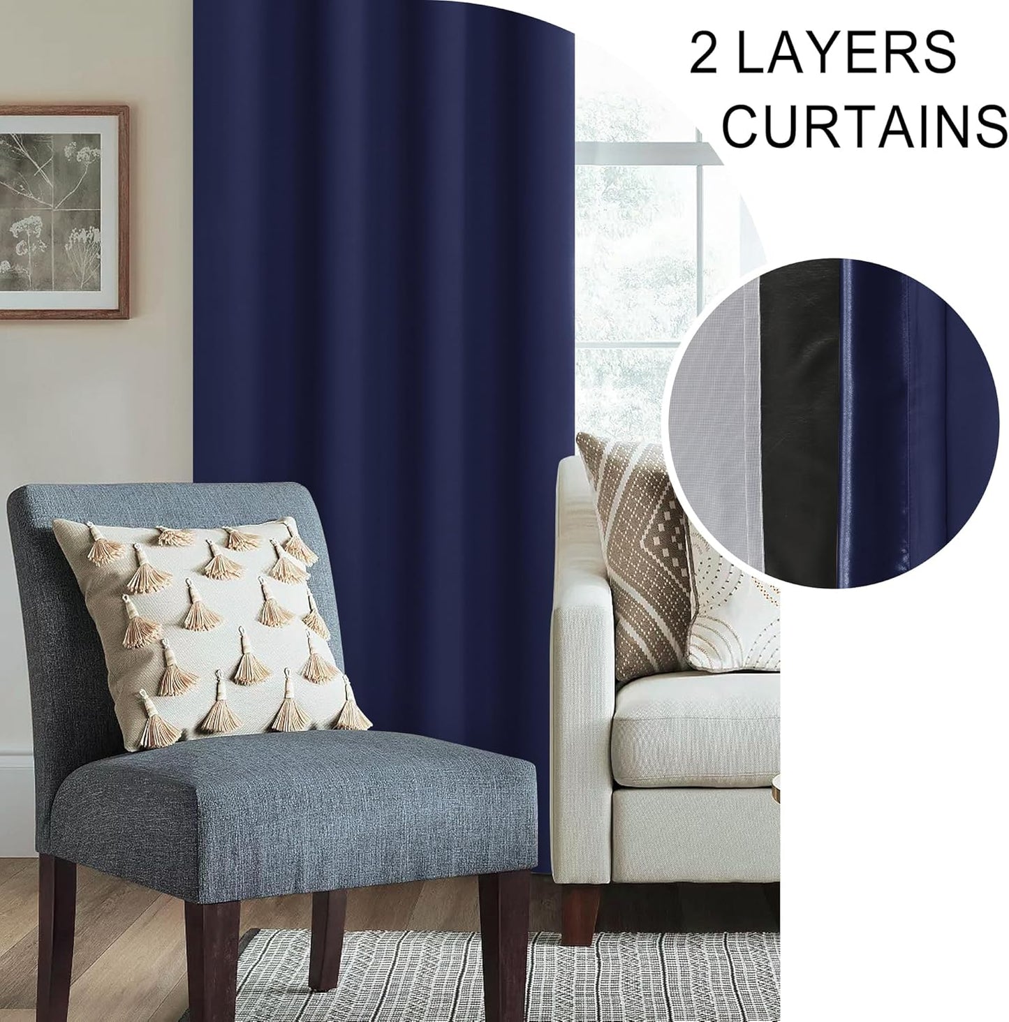 XWZO 100% Blackout Curtains 63 Inches Long with Tiebacks- Heat and Full Light Blocking, Thermal Insulated Rod Pocket Window Panels for Bedroom/Nursery, Navy Blue, W52 x L63, Set of 2 Draperies
