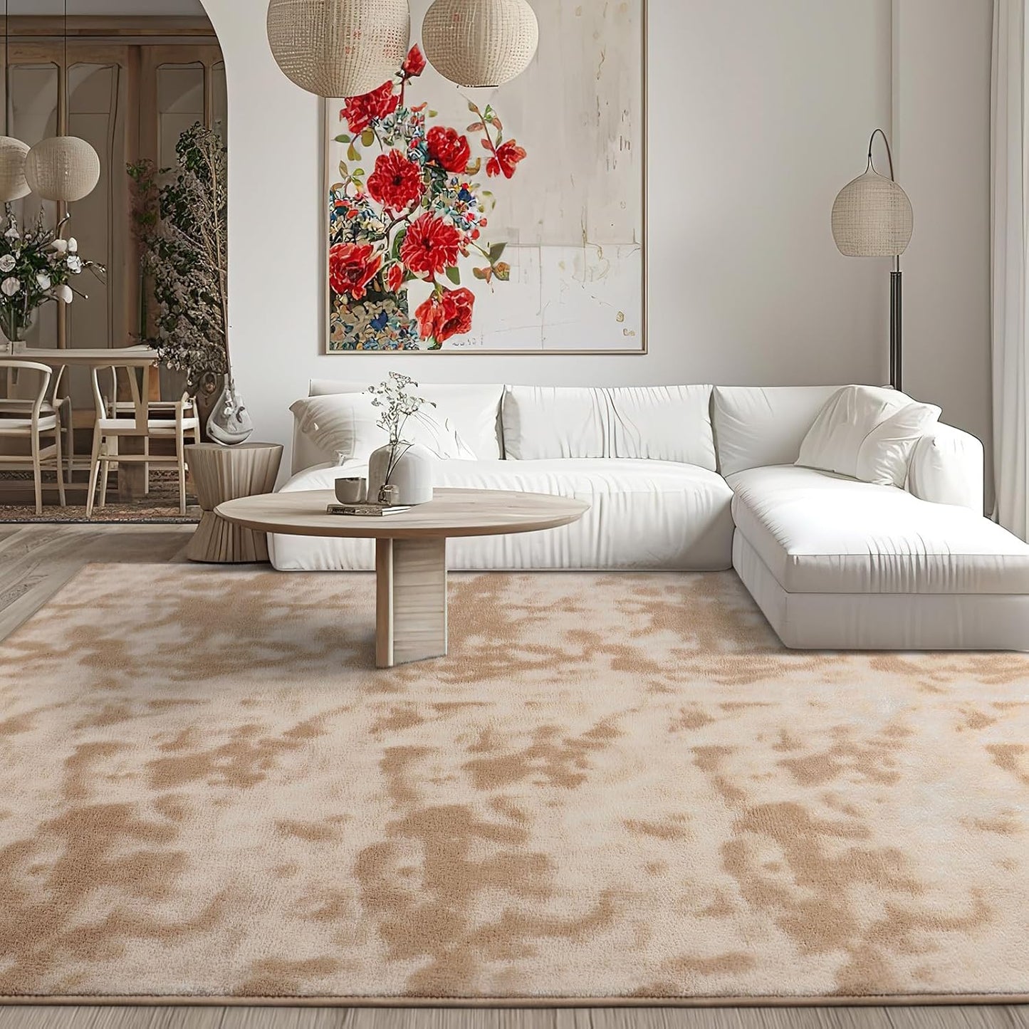 Kimicole 7x10 Washable Area Rugs for Living Room Bedroom, Large Low Pile Ulta-Thin Solid Color Rug, Non-Slip Soft Fluffy Carpet for Nursery Kids Room Dorm Room Home Decor (Light Tan)