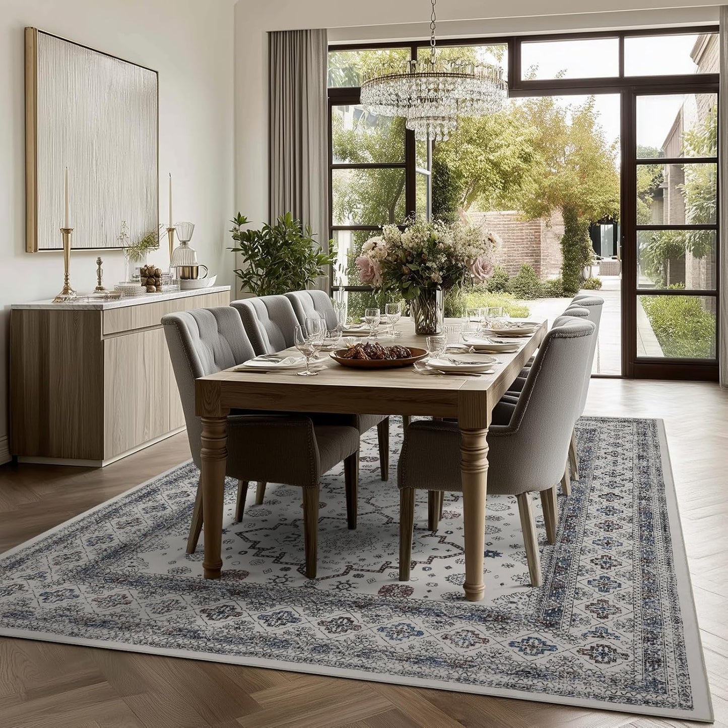 Washable Area Rugs 8x10, Large Rugs for Living Room, Carpet for Bedroom, Soft Faux Wool Retro Dining Room Rug, Non-Slip Backing Resistant Low Pile Vintage Print Rug for Home Office (White Cream/Gray)