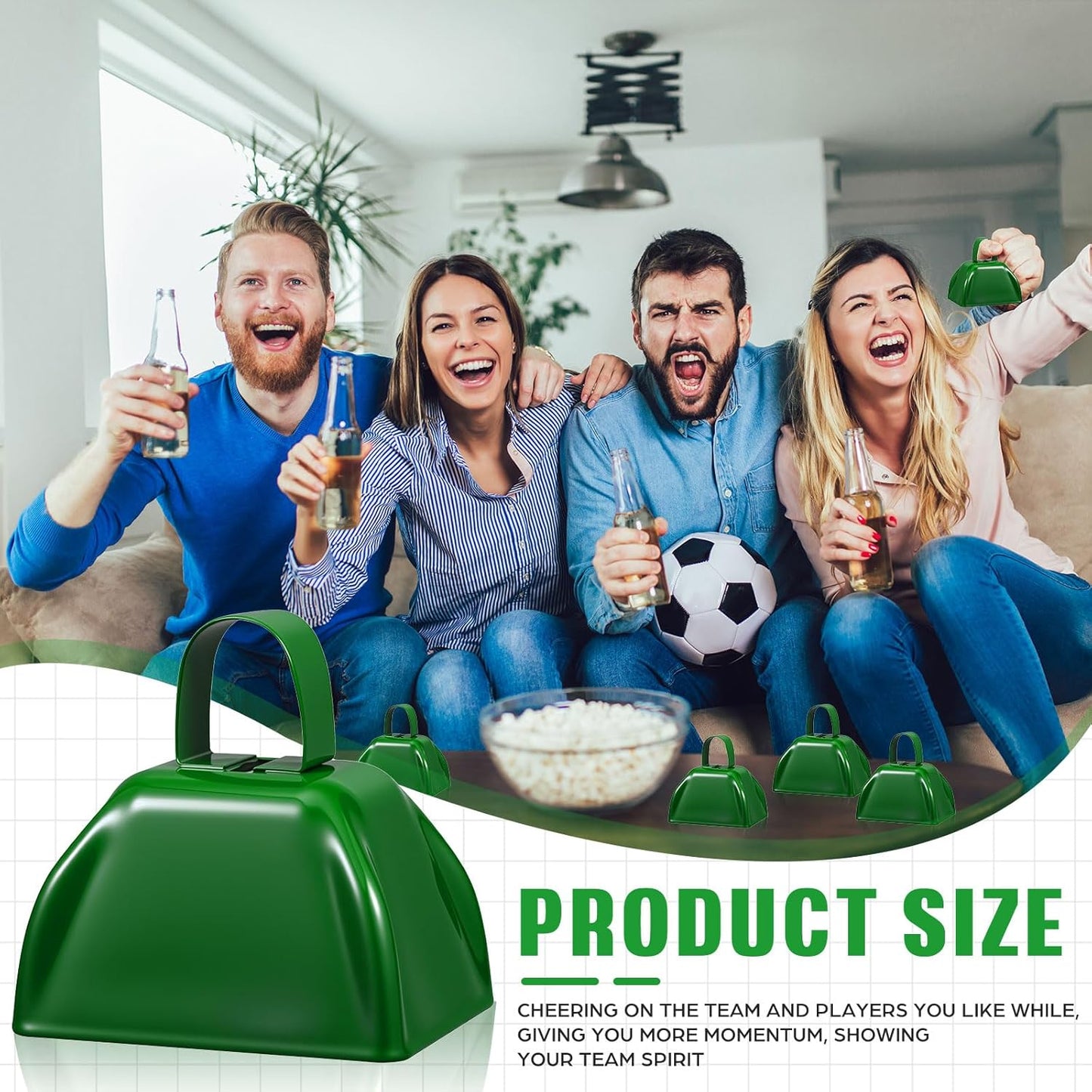 6 Pcs 3 Inch Metal Cowbells Noise Maker Hand Percussion Cow Bells with Handles for Sporting Events Cheering Noisemakers Weddings Team Spirit Sports Party Favors (Green)