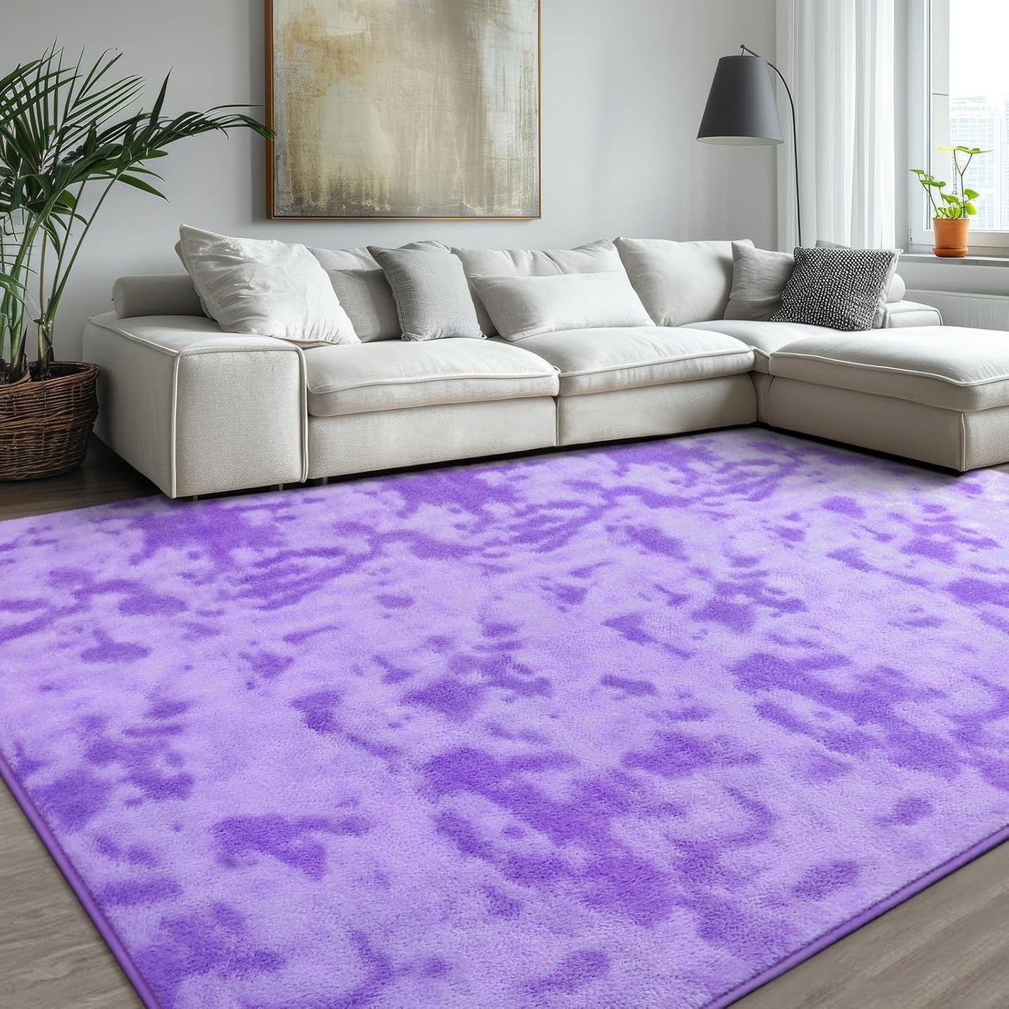 Kimicole 4x6 Washable Area Rugs for Bedroom Living Room, Low Pile Ulta-Thin Solid Color Rug, Non-Slip Soft Fluffy Carpet for Nursery Kids Room Dorm Room Home Decor (Purple)