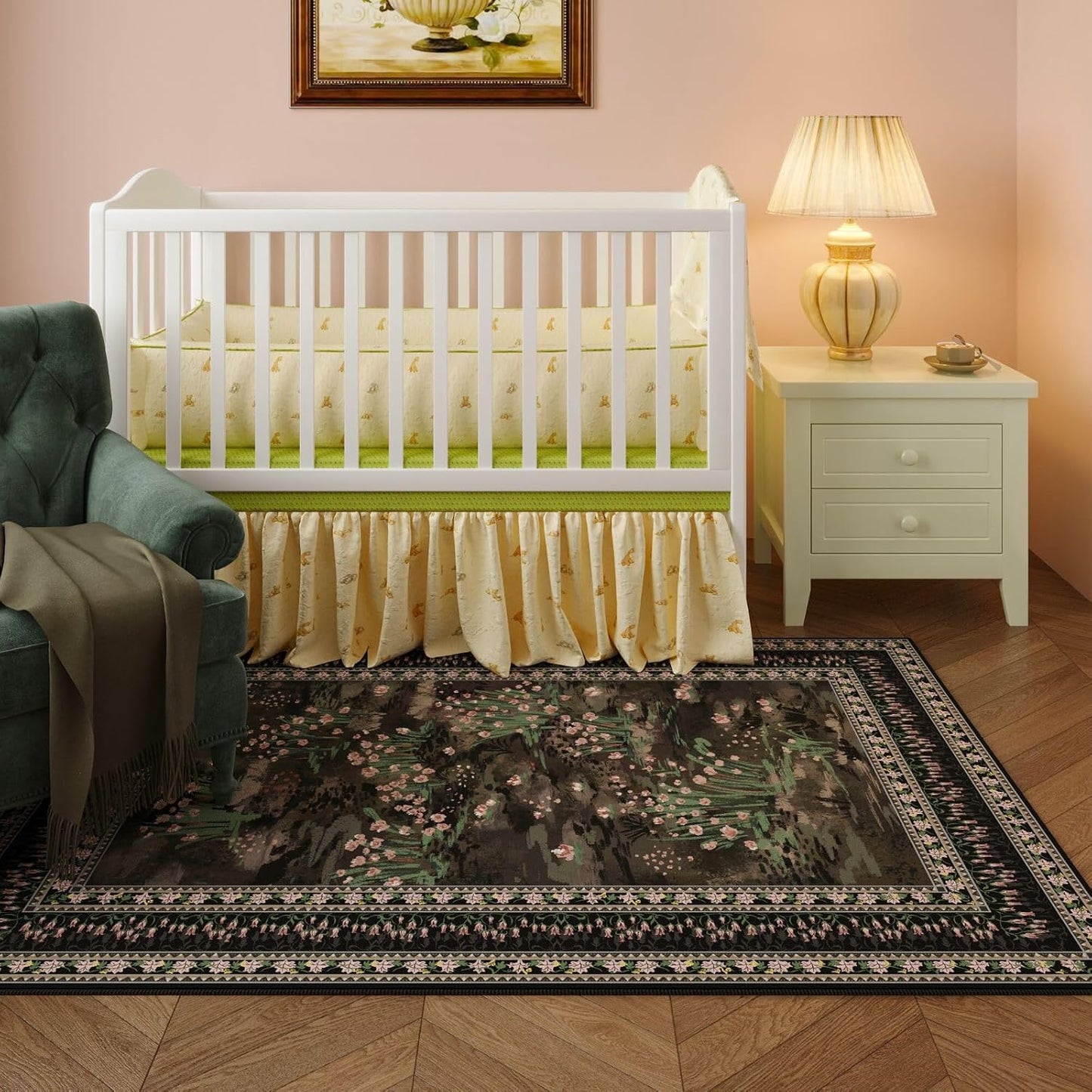 4x6 Rug for Bedroom Impressionist-Style Vintage Washable Rugs Non Slip Low Pile Small Carpet for Bedside Kids Room Office Dining Room, Black