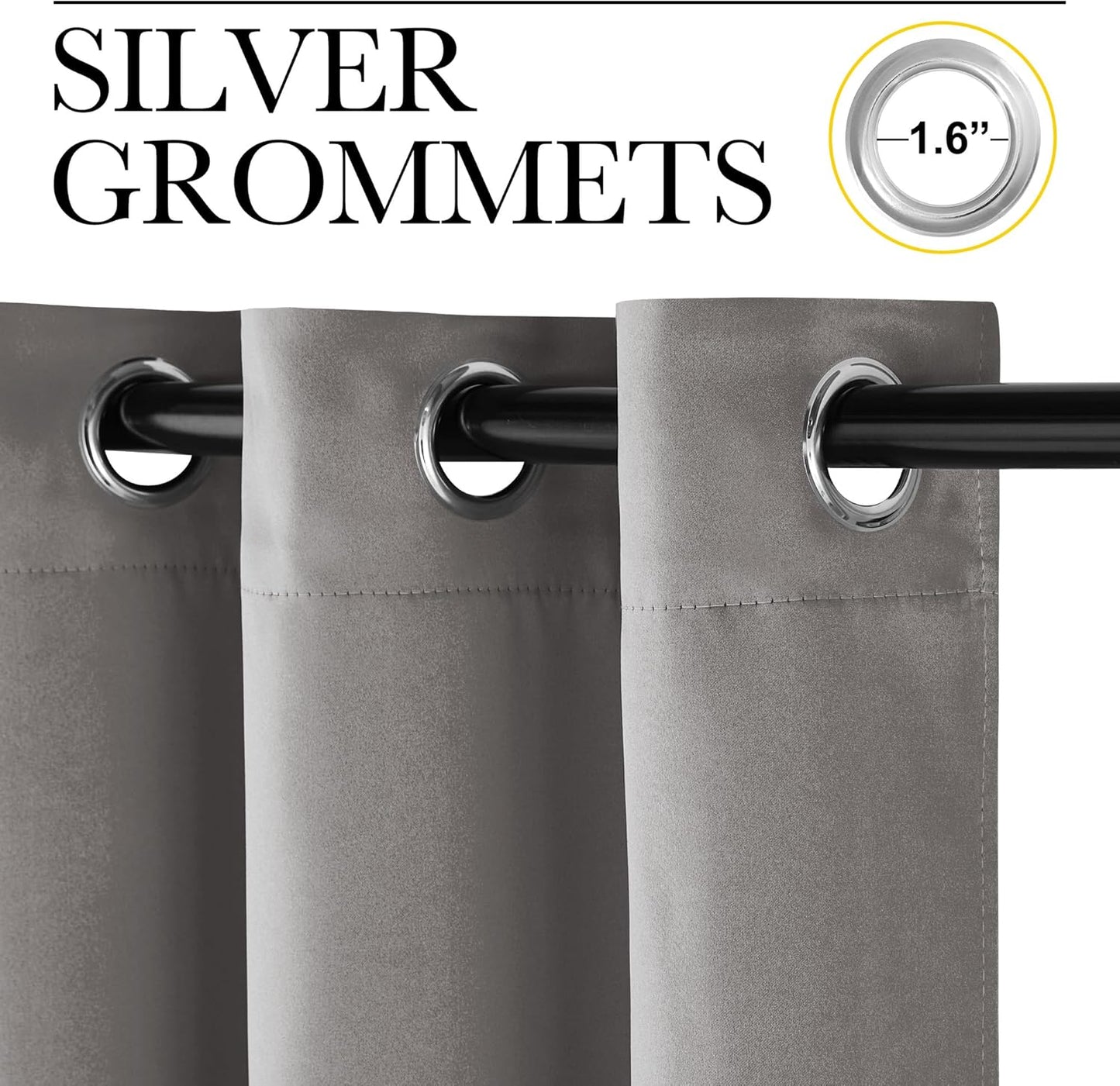 NICETOWN Chrome Gray Bedroom Curtains 63 inch Length 2 Panels, Grommet Window Treatment Thermal Insulated Solid Faux Silk Room Darkening Drapes for Kids Room, W52 x L63