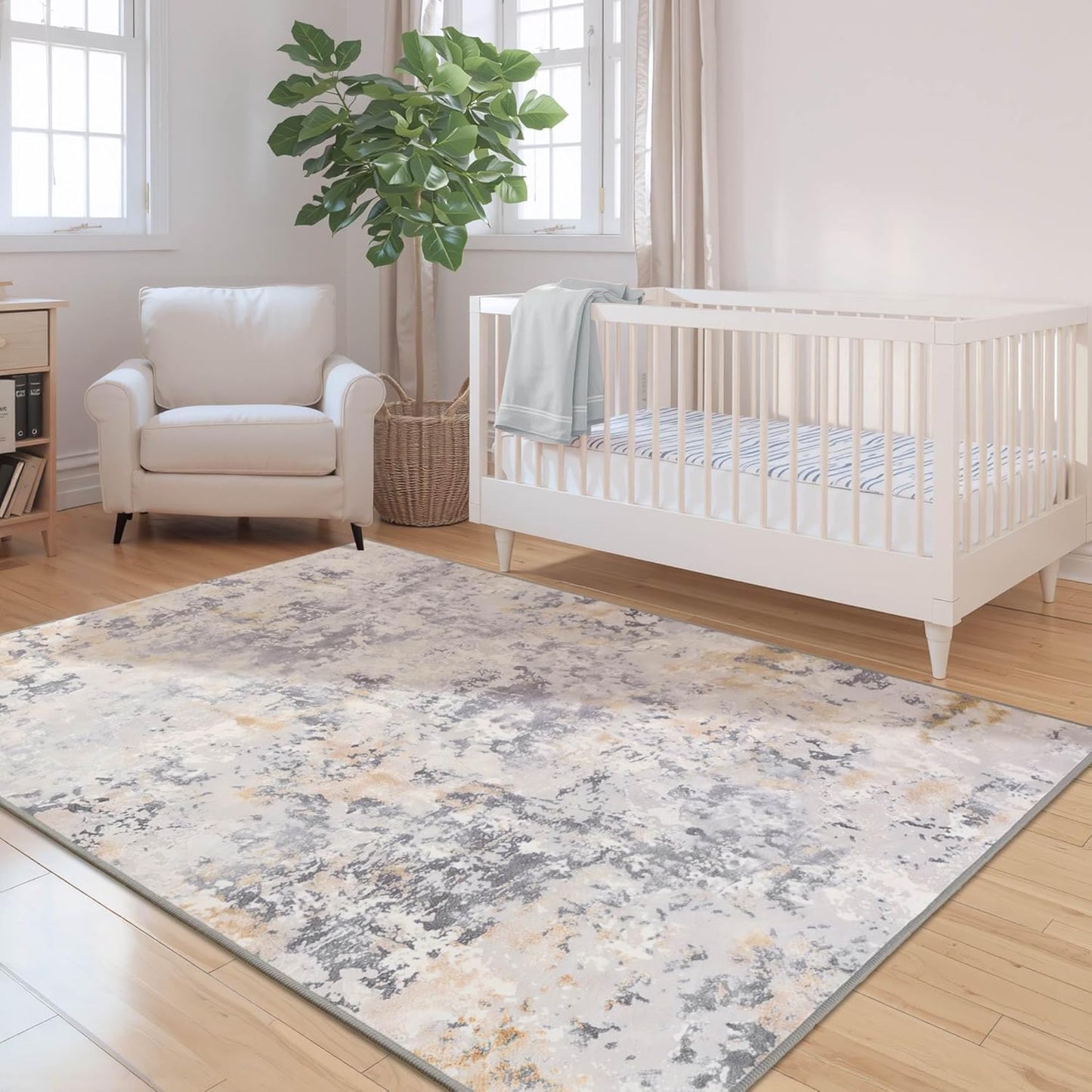 Area Rug 4x6 Washable Grey Rug for Bedroom, Abstract Modern Living Room Rugs Non Slip Low Pile, Carpet for Kitchen, Nursery, Kids Room, Office