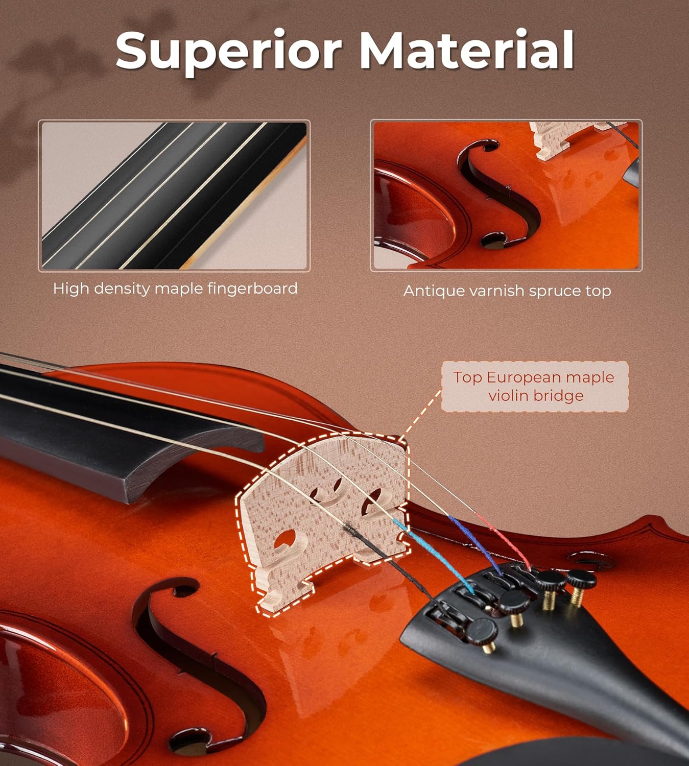 Vangoa Violin 1/2 Size Kids Fiddle Full Set, Half-Size Acoustic Violins Solid Wood Sides Kit with Hard Case, Starter Violin Bundle for Students Beginners 6-10, Premium Novice Accessory Pack