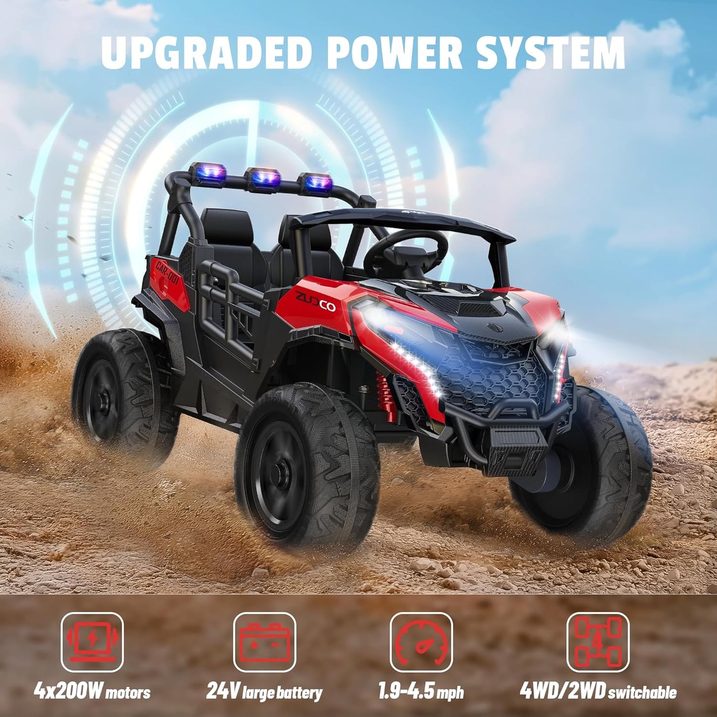 24V 2 Seater Ride on Car Truck, 4x200W, EVA Tires, 4WD/2WD, Rainbow Lights, Remote Control, Shock Absorbers, Bluetooth, Ride On UTV Toy for Kids Ages 3-8, Red
