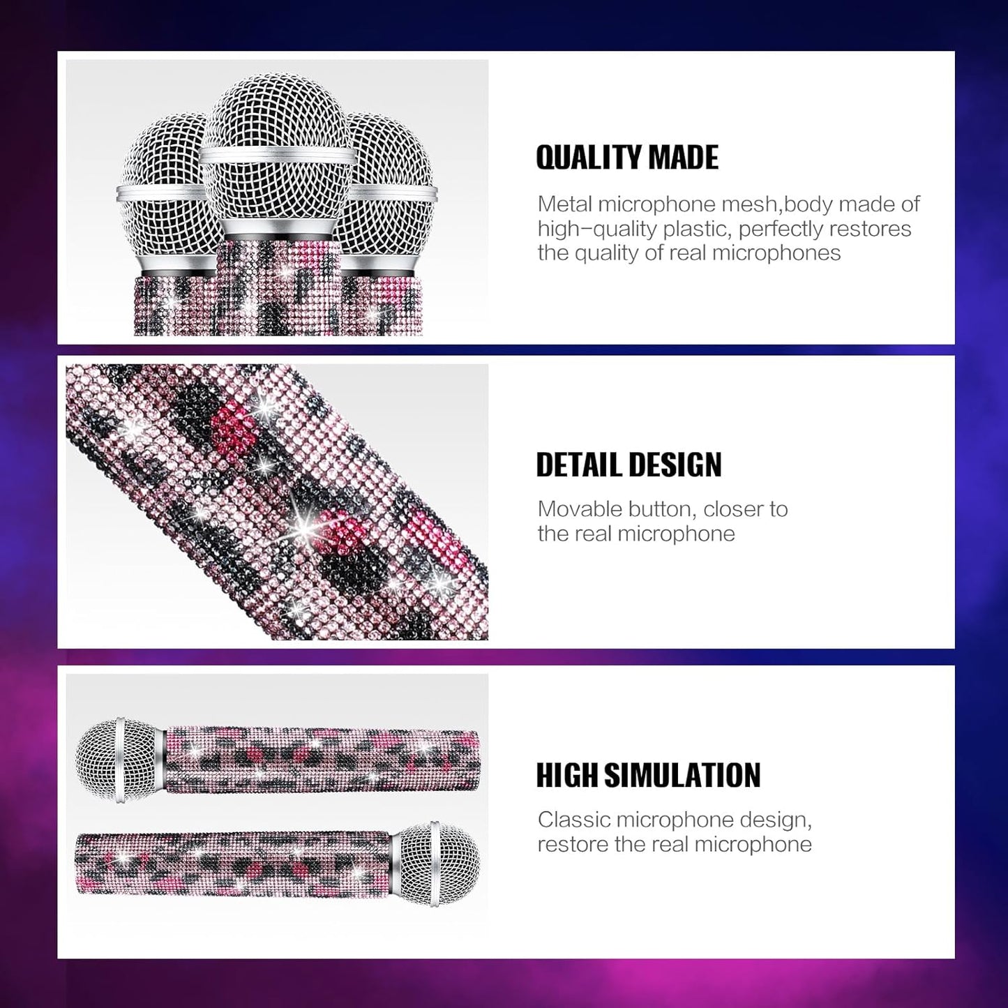Sanwuta Fake Microphone Prop Sparkly Bling Rhinestones Plastic Play Microphone Pretend Glitter Bedazzled Mic for Cosplay Party Costume(Pink Leopard)