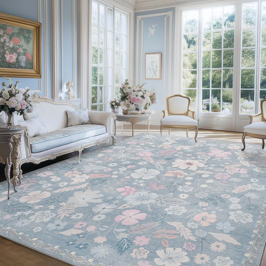 Blue 6x9 Area Rugs Machine Washable Low Pile Non Slip Stain Resistant for Living Room Big Boho Vintage Flower Pattern Carpet Rug Ultra-Thin for Bedroom Dining Room Kids Playroom