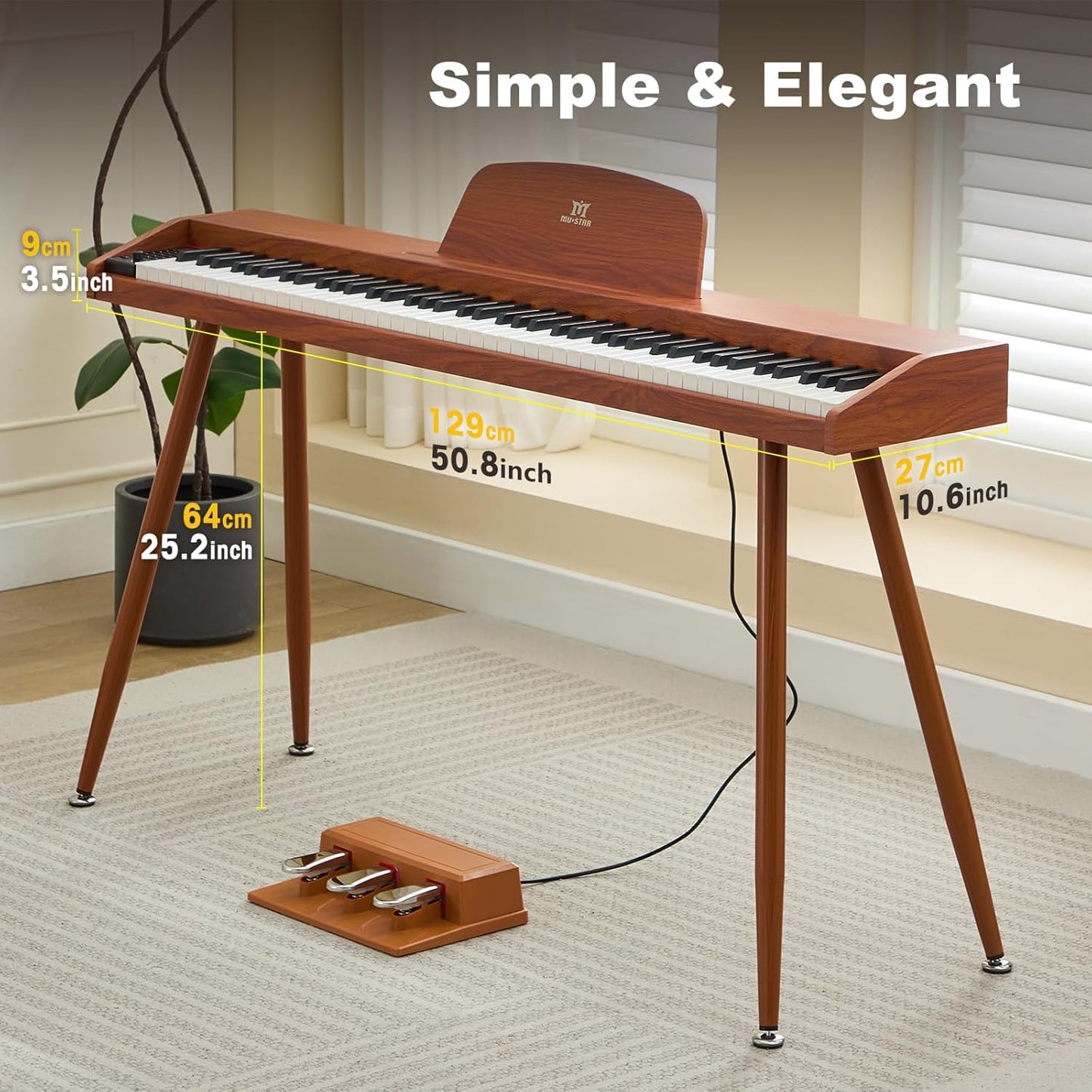 MUSTAR 88 Key Piano Keyboard for Beginners, Semi Weighted Electric Piano Keyboard 88 Keys, Portable Digital Piano 88 Key Weighted with 3-Pedal Unit, Built-In Speakers, USB/MIDI Connecting (Brown)