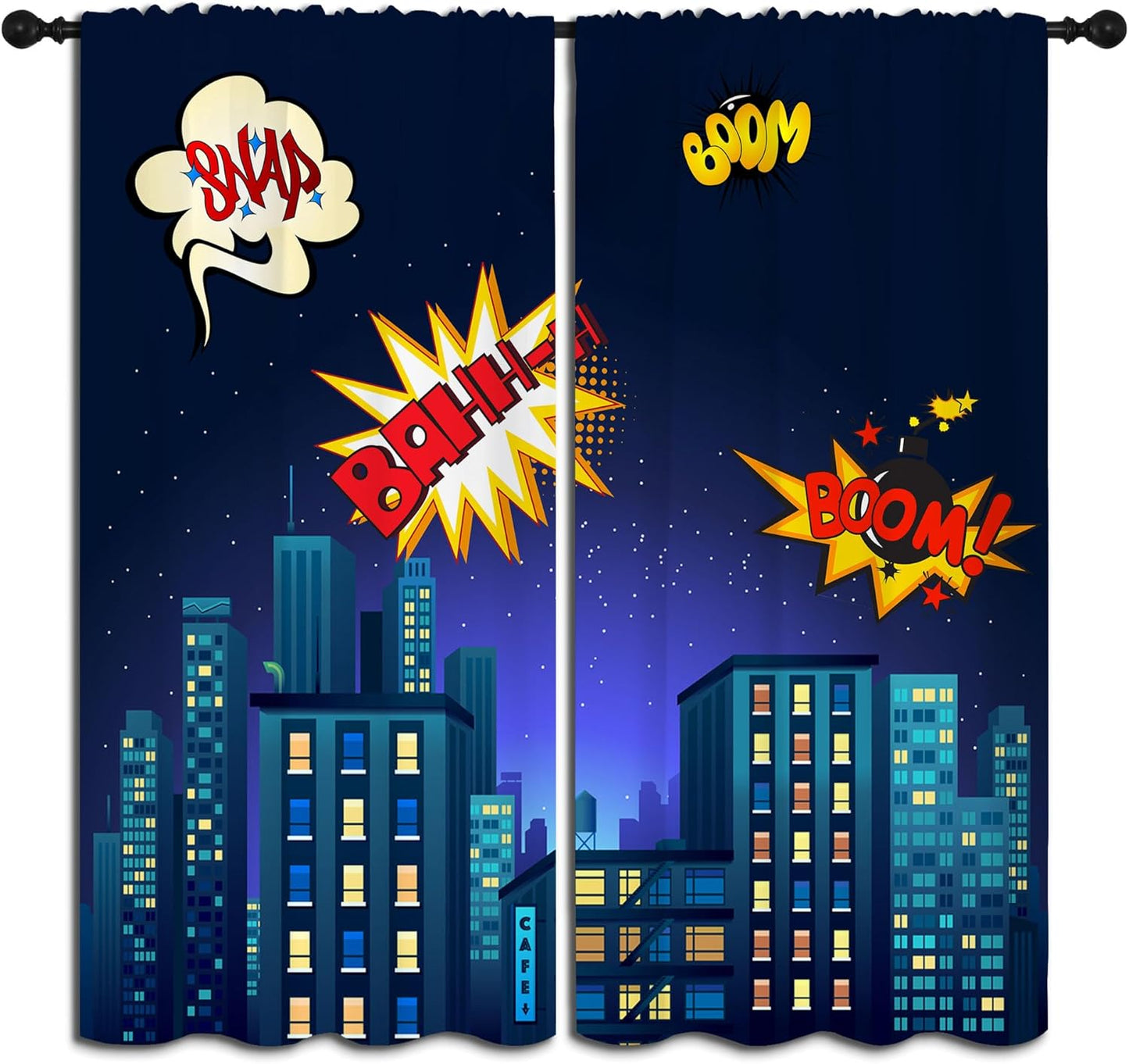 Superhero Rod Pocket Blackout Curtains for Boy Girl Bedroom, Cartoon Skyline Buildings Cityscape Thermal Insulated Home Window Drapes for Living Room Darkening, 55x63 inch