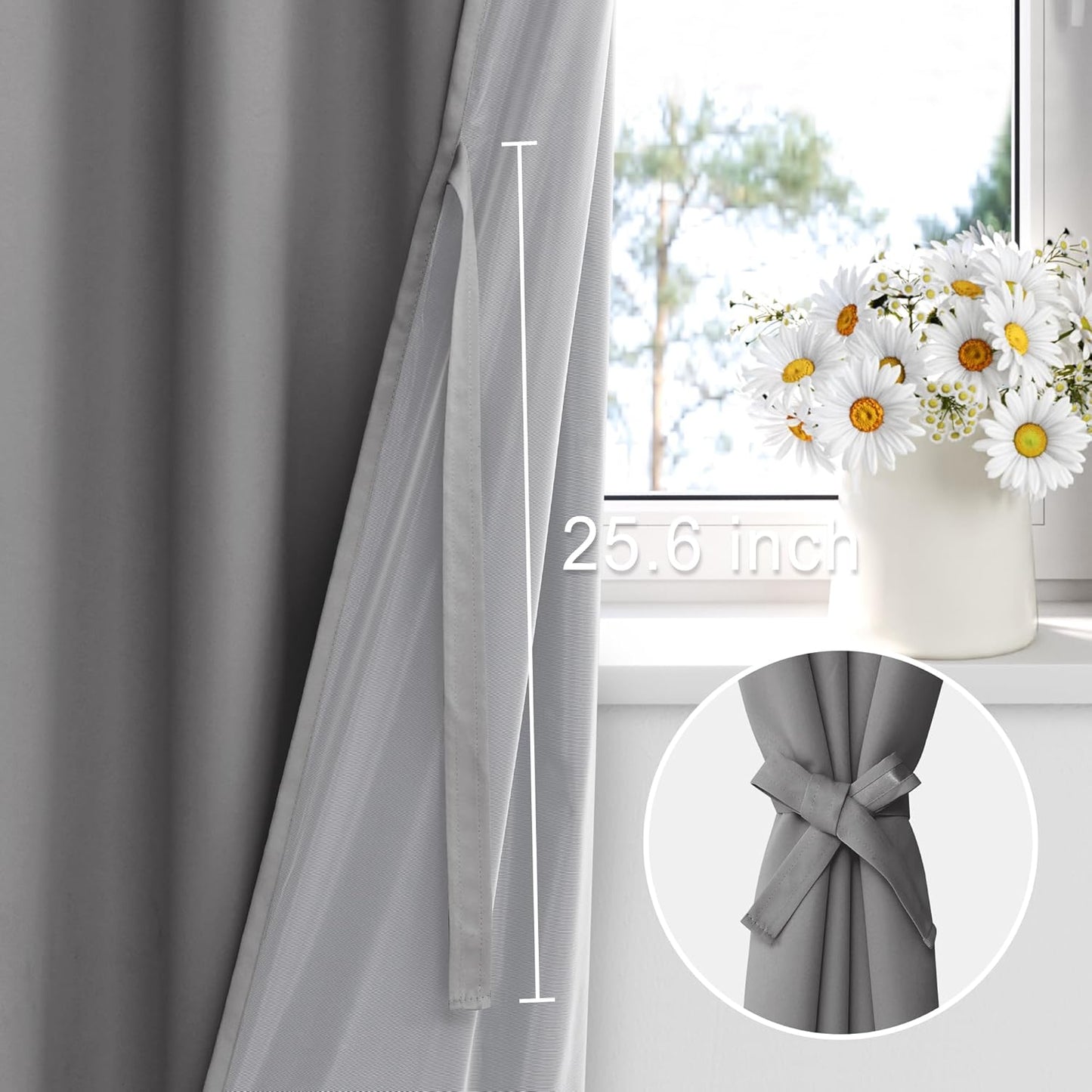 XWZO 100% Blackout Curtain Panels - Rod Pocket Thermal Insulated Black Liner, Noise Reducing and Heat Blocking Drapes for Hall and Studio Windows with Tiebacks, Grey, W52 x L95, Set of 2