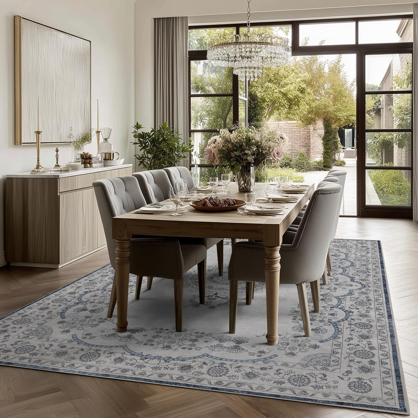 Washable Area Rugs 8x10, Large Rugs for Living Room, Carpet for Bedroom, Soft Faux Wool Retro Dining Room Rug, Non-Slip Backing Resistant Low Pile Vintage Print Rug for Home Office (Grey/Blue)