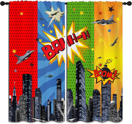 Superhero Rod Pocket Blackout Curtains for Boy Girl Bedroom, City War Explosion Comics Art Thermal Insulated Home Window Drapes for Living Room Darkening, 72x63 inch