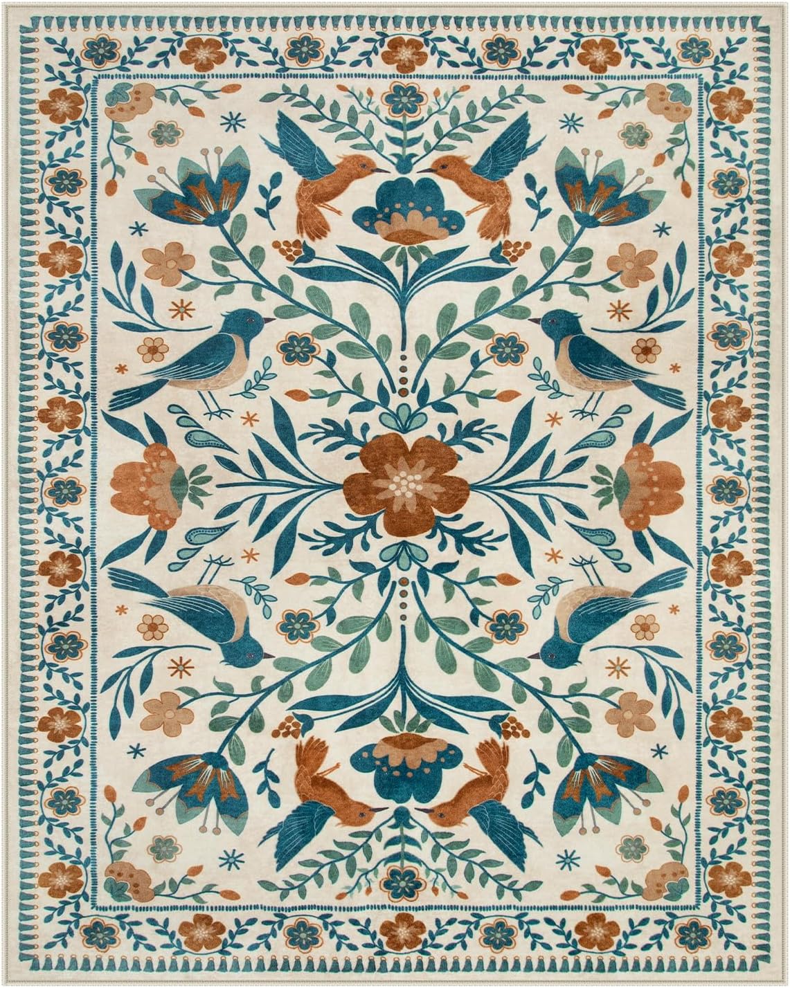 Moynesa Boho Bird Area Rugs 8x10 Rugs for Living Room, Low-Pile Soft Jungle Floral Bedroom Rug Washable Rugs 8x10, Beige Rug Indoor Floor Carpet for Nursery Playroom Dining Room
