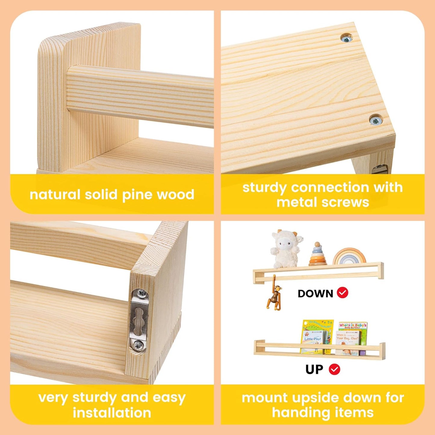 Fun Memories Nursery Book Shelves - Rustic Natural Solid Wood Floating Bookshelf for Kids - Wall Book Shelves for Kids Room (Natural, 32inch - 2P)