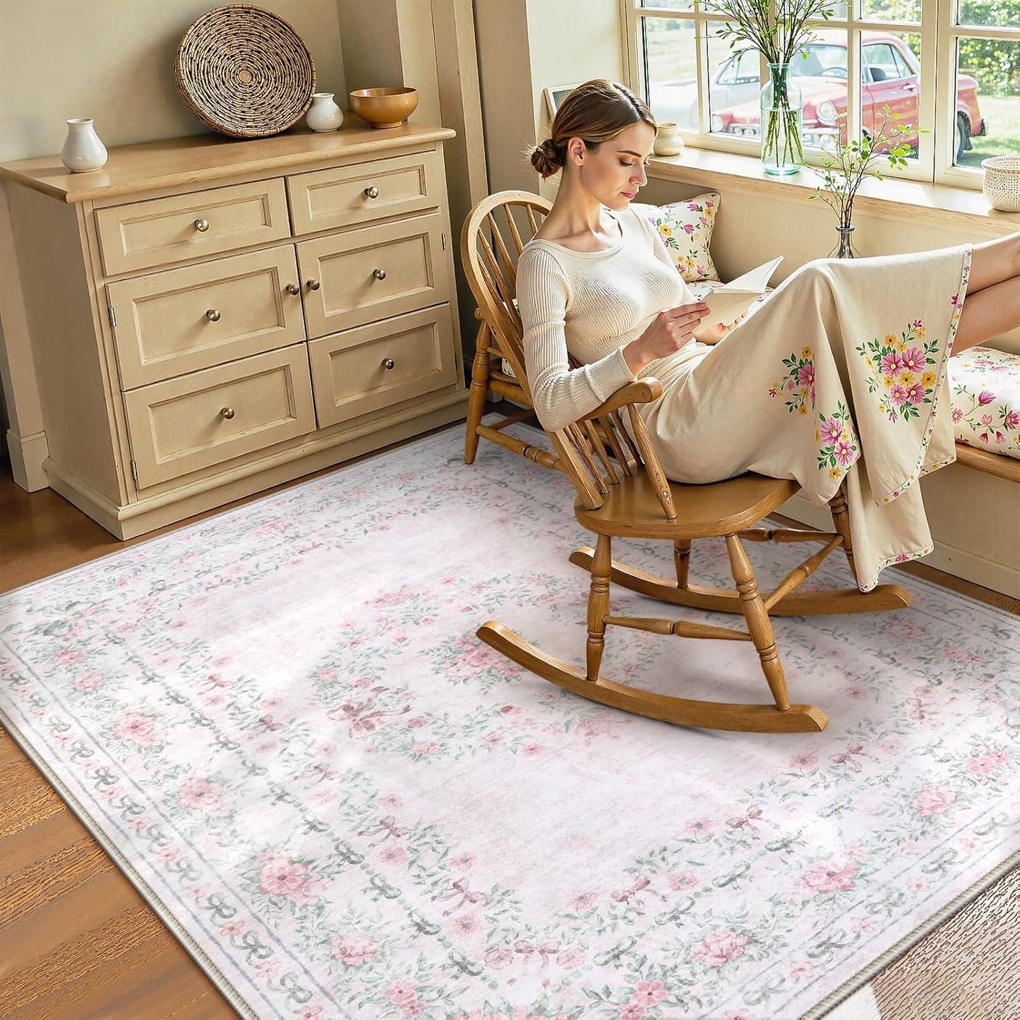 Wonnitar Floral Bow Print 8x10 Area Rugs, Washable Pink Rugs for Bedroom Girls, Boho Ultra-Thin Soft Non Slip Carpet for Nursery Living Room Kids Room Classroom Decor, Light Pink
