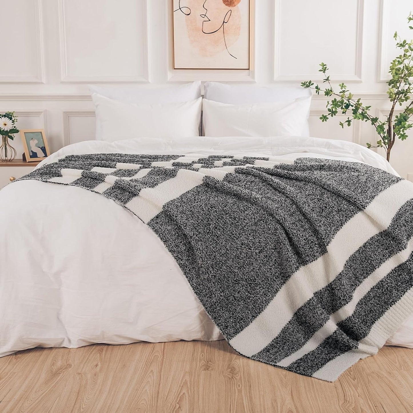 NEXHOME PRO Stripe Throw Blanket, Knit Blanket for Couch Bed Sofa Picnic, Ultra Soft Fuzzy Blankets, Luxury Striped Blanket for Women, Pet, Gifts, Black, 50 x 60 inches