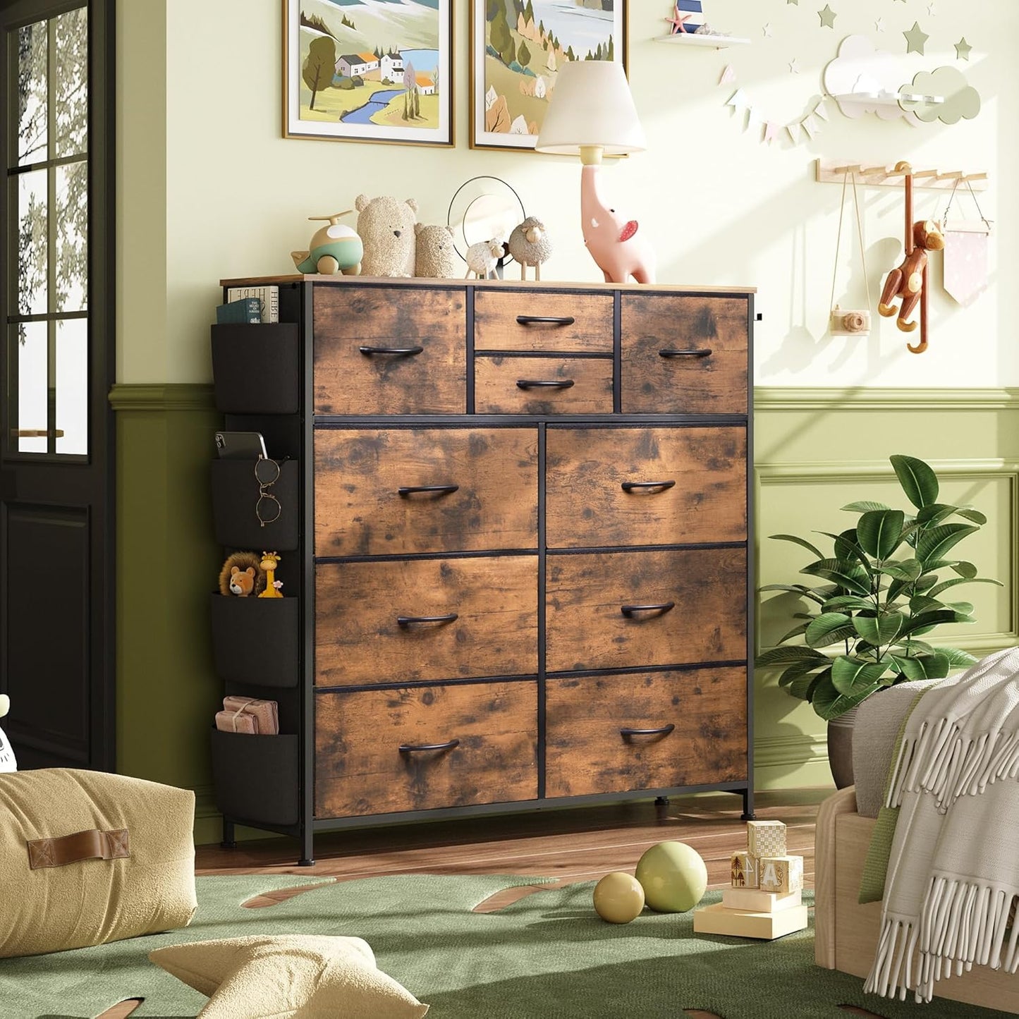 WLIVE Fabric Dresser for Bedroom with 10 Drawers, Chest of Drawers with Side Pockets and Hooks, Sturdy Metal Frame, Drawers Organizer Unit for Living Room, Hallway, Rustic Brown Wood Grain Print