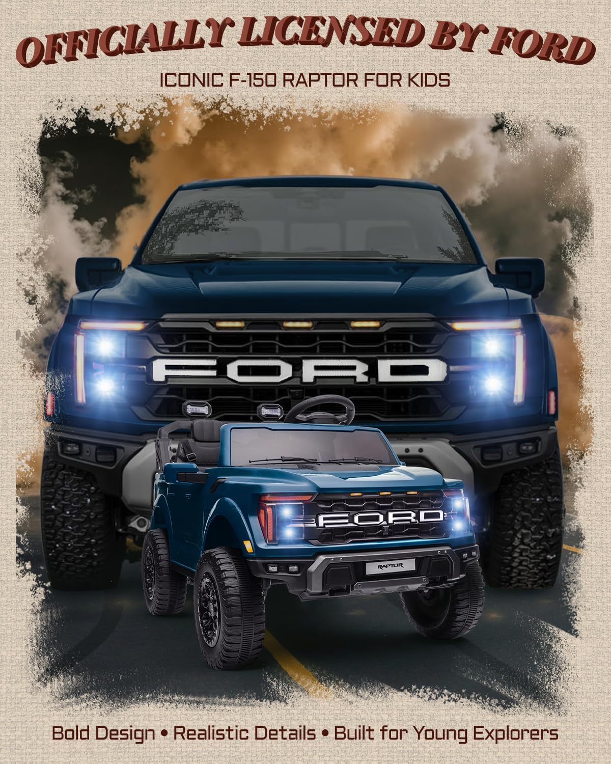 Licensed Ford F-150 Raptor 2 Seater Ride on Car for Kids, 24 Volt Ride on Toys for Boys w/Remote Control, Kids Electric Car w/LED Lights, Bluetooth, Truck Bed Storage, Soft Start (Blue)