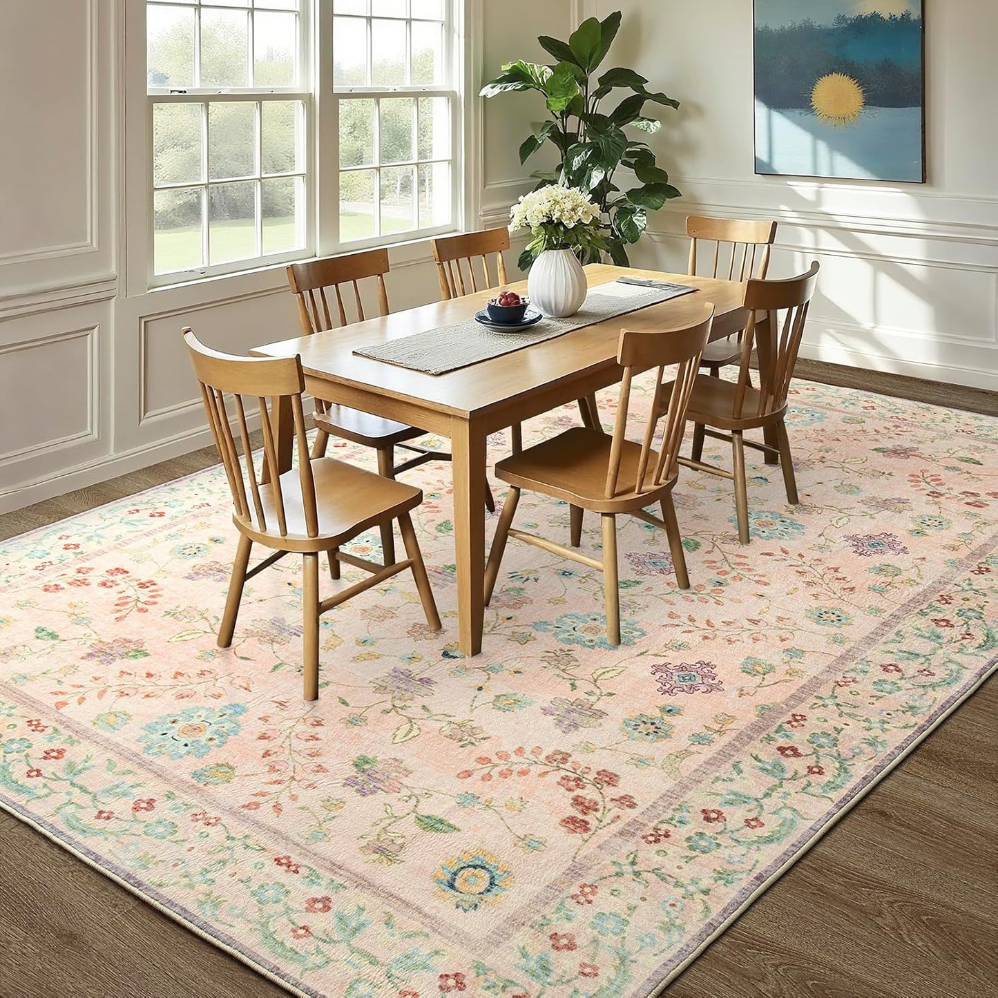 LOCHAS Washable Area Rugs 8x10, Pink Floral Rug for Living Room Bedroom Non Slip, Ultra Soft Vintage Indoor Carpet for Kids, Nursery, Dorm, Dining Room, Classroom, Boho Flower Home Decor, Low-Pile