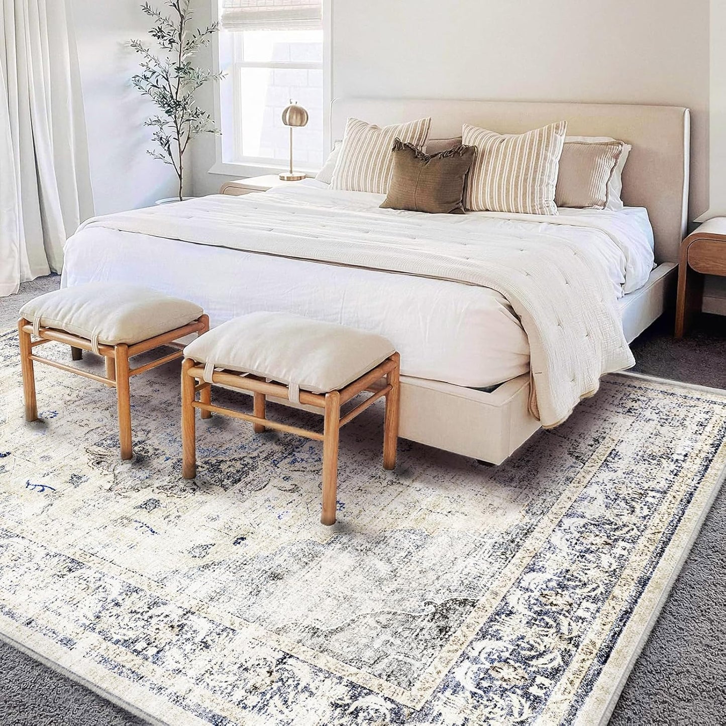 Area Rug 6'x9' Washable Floral Blue Vintage Traditional Floor Cover Thin Retro Kitchen Indoor Distressed Non Slip Carpet for Living Room Bedroom Dining Room