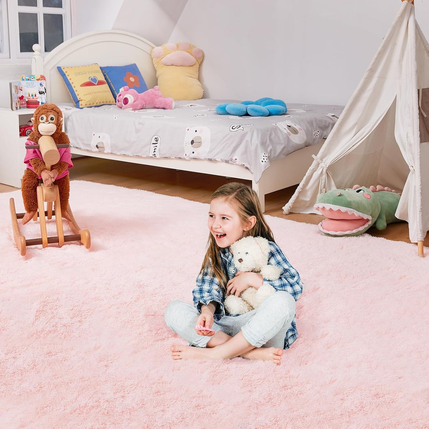 Ultra Soft Rug for Living Room, 5X8 Fluffy Shag Area Rug for Bedroom, Modern Shaggy Carpets Fuzzy Rug for Teens Dorm Nursery Home Decor Aesthetic, Upgrade Anti-Skid Durable, Pink