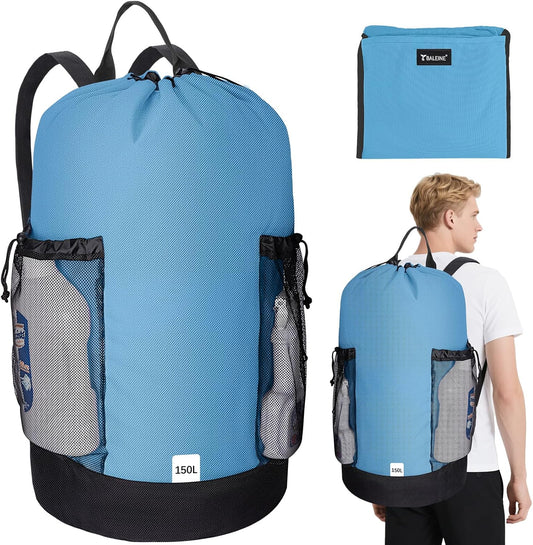BALEINE 150L Laundry Bag Backpack, 900D Oxford Fabric Large Travel Laundry Bags with Shoulder Straps and 2 Mesh Pockets for College Dorm, Apartment, Laundromat (Blue, 150L)