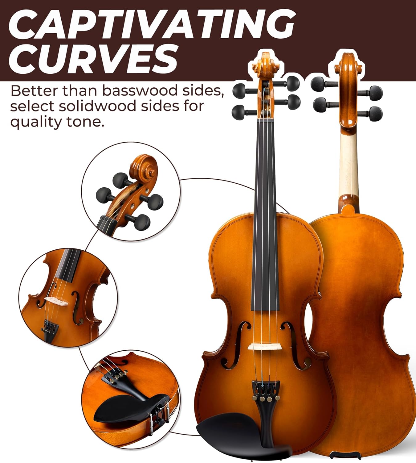Vangoa Violin 3/4 Size for Kids Full Set, Beginners Fiddle Three Quarter Bundle Acoustic Violins Starter Kit Package w/Side Solidwood, Hard Case for School Students, Childrens, Adults Ages 9-11