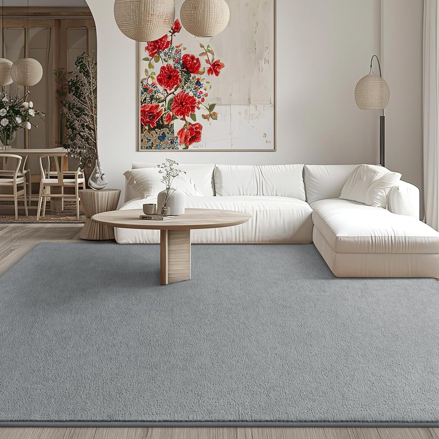 Kimicole 7x10 Washable Area Rugs for Living Room Bedroom, Large Low Pile Ulta-Thin Solid Color Rug, Non-Slip Soft Fluffy Carpet for Nursery Kids Room Dorm Room Home Decor (Grey)