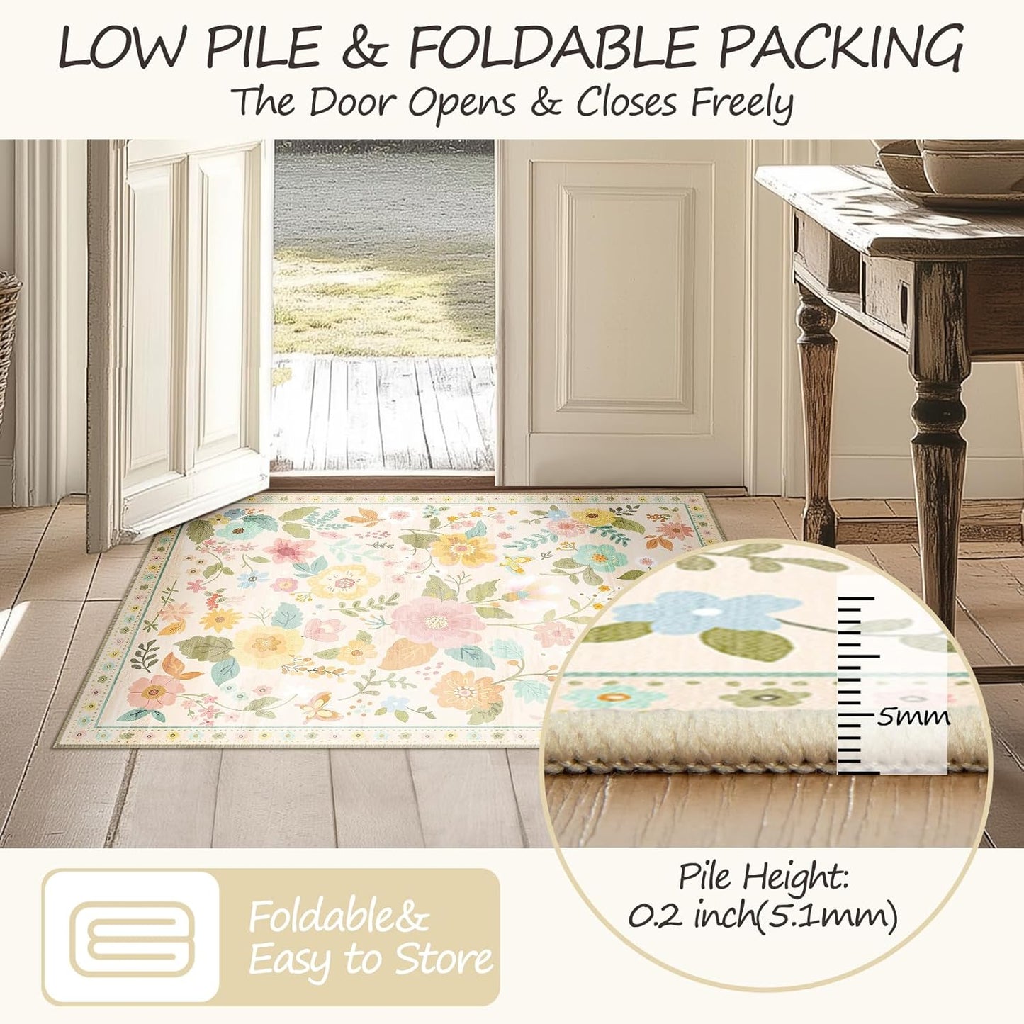 Floral 2x8 Area Rug Machine Washable Soft Print Boho Carpet Non Slip Doormat Low Pile Flower Area Rugs for Living Room Bedroom Nursery Kitchen Dining Room Indoor-Beige/White/Orange