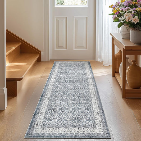 jinchan Floral Runner Rug 2x5 - Machine Washable Grey Vintage Distressed Design Soft Non-Slip Low-Pile Ultra-Thin Runner Rug for Kitchen Hallway Laundry Room Entryway Farmhouse (2‘x5',Grey)