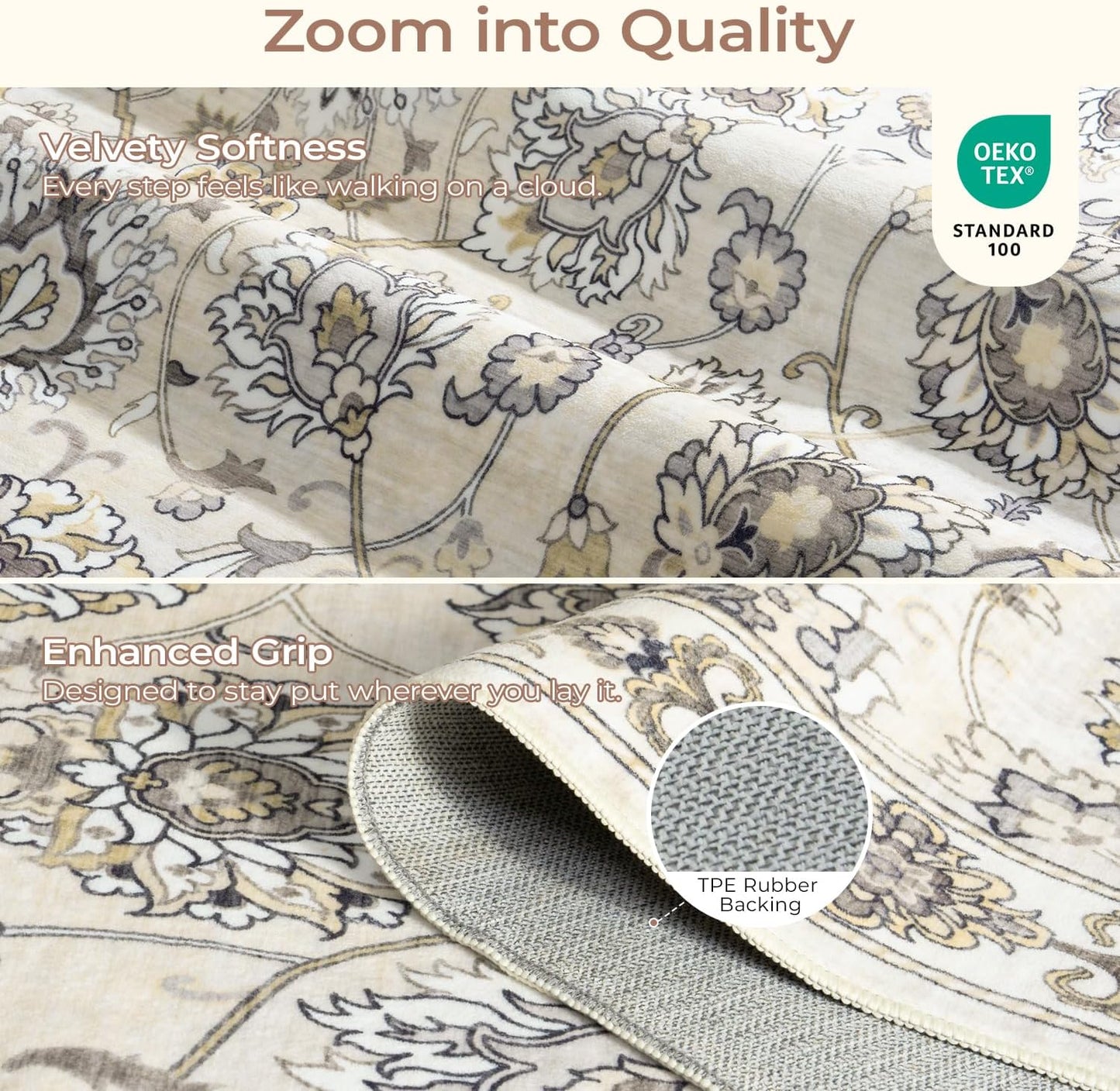 9x12 Neutral Area Rug for Living Room, Washable Large Rugs, Vintage Floral Soft Carpet, Non Slip & Low Pile, Wool Carpets for Indoor Bedroom Dining Home Playroom Office Under Table, Beige