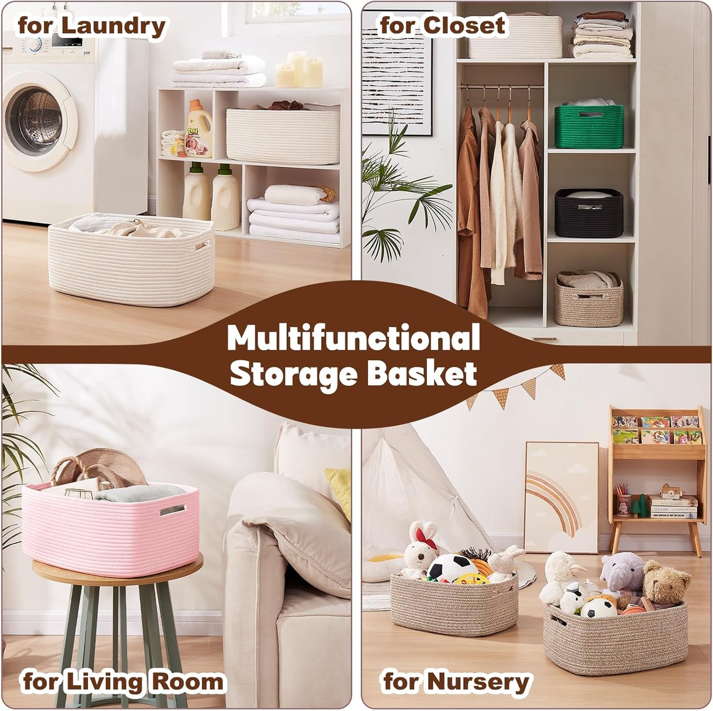 OIAHOMY Storage Basket for Shelves, Closet Cube Storage Bins Baskets for Clothes Blanket Towels, Baby Nursery, Toy Baskets Box, Woven Rope Basket, 15.75*11.81*7.09 IN, 2 Packs Grey