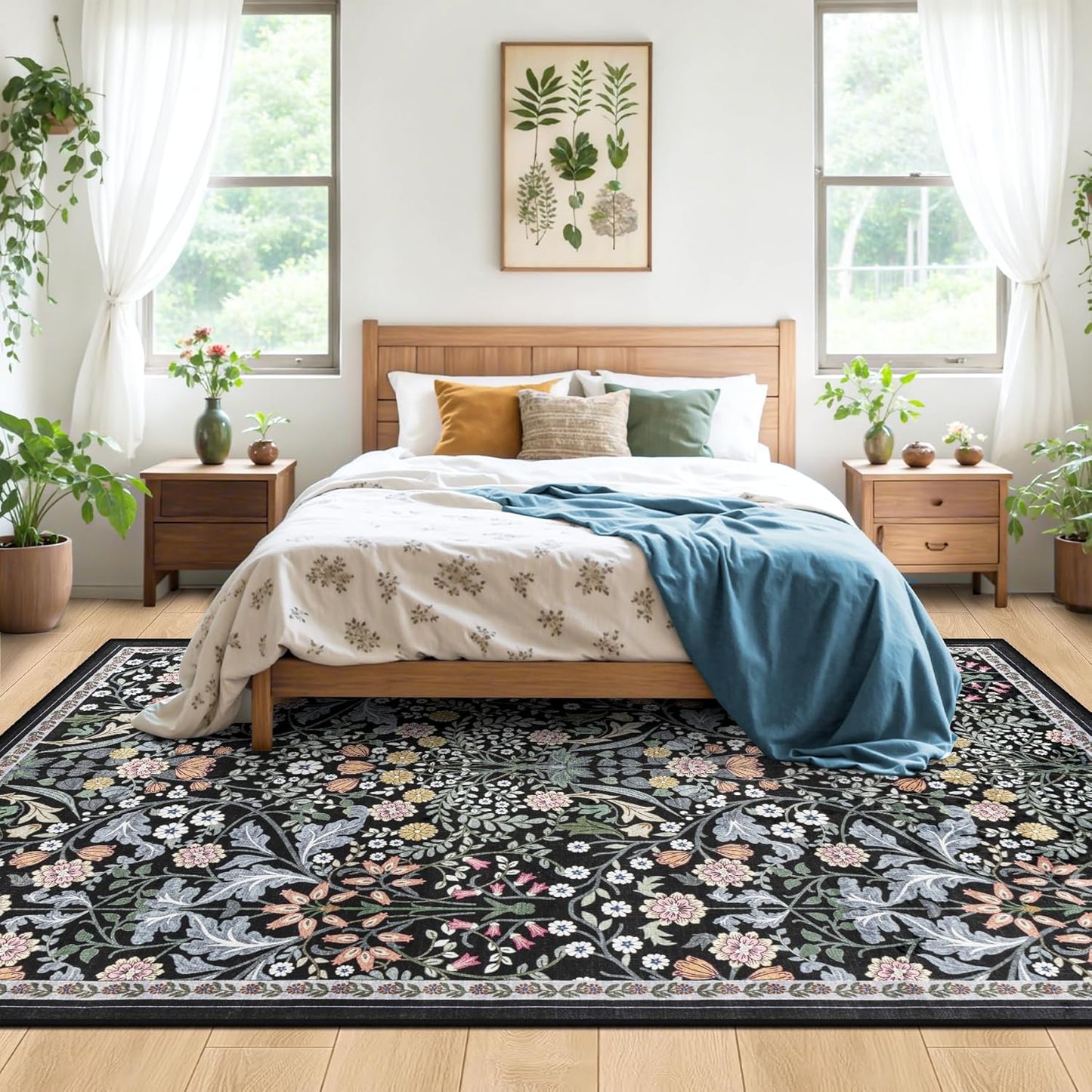 8x10 Area Rugs for Living Room: Floral Washable Rug Vintage Large Soft Boho Non-Slip Carpet Indoor Stain Resistant Low Pile Carpets for Bedroom Dining Room Farmhouse Nursery Home Office Dark Black
