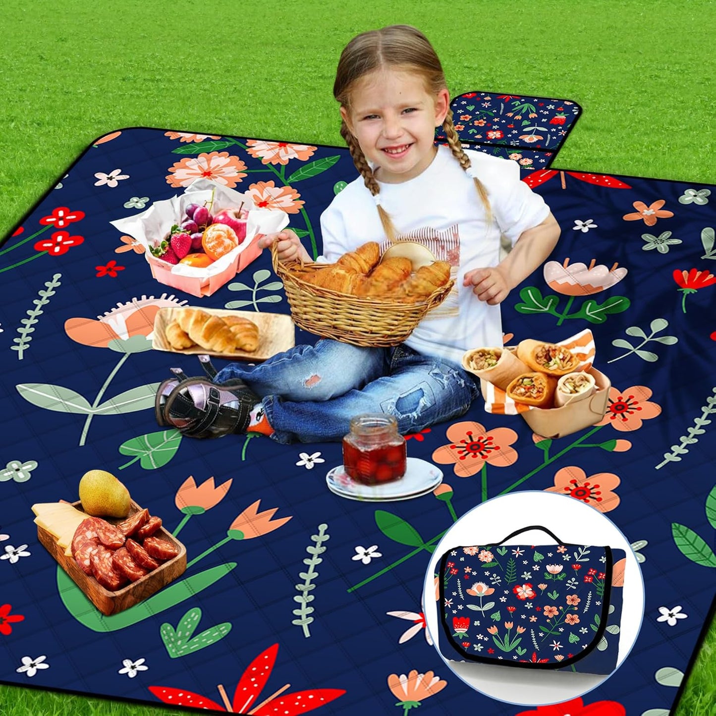 Extra Large Picnic Blanket Waterproof,80"x 80"Foldable Machine Washable Beach Blanket,Outdoor Blanket for 6-8 Adults,Suitable for Indoor Crawling,Park Beach,Camping,Hiking,Family Travel(Light Blue)