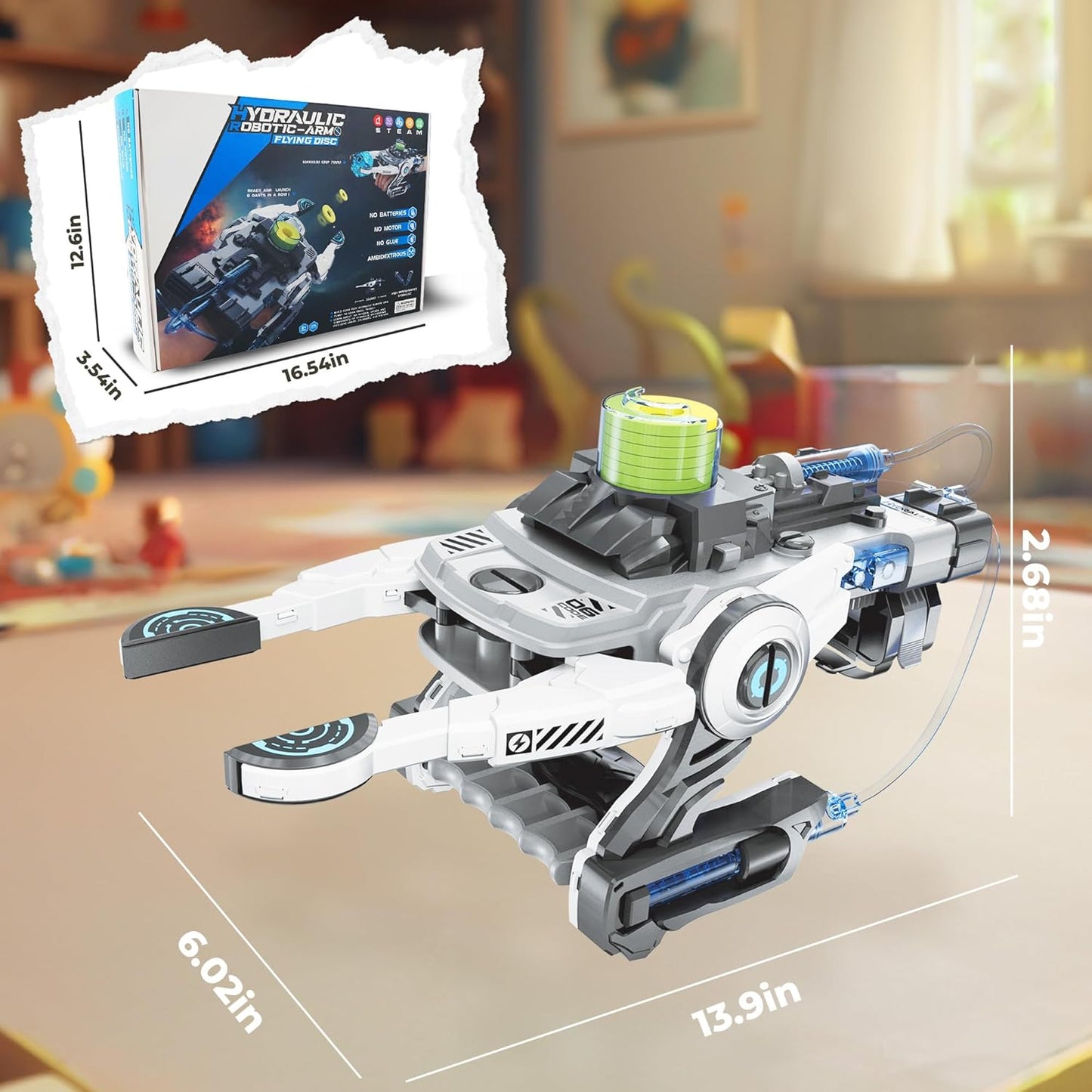 SMIESSKIDDO Hydraulic Robotic Arm - 106 Pcs Dual-Mode STEM Toy for Kids 8-12, Build & Launch Flying Disc | No Batteries, Safe Engineering Science Kit, Model Kits Gift for Boys & Girls 9 10 11