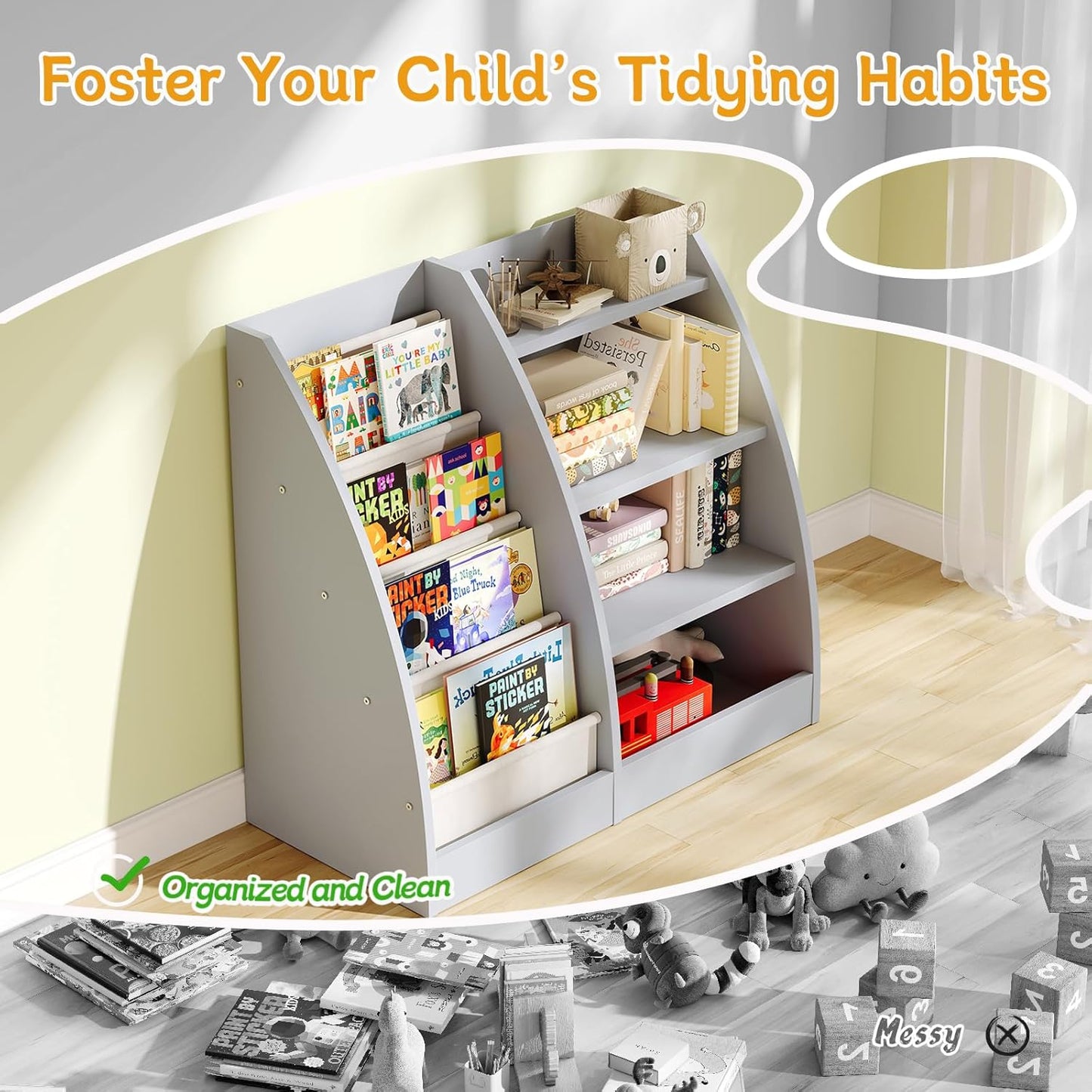 4 Tier Kids Bookshelf Set of 2,4 Layer Sling Kids Book Shelf for Kids Rooms,Wood Children Bookcase,Baby Storage Book Rack,Toddler Bookshelf, Book and Toy Organizer,Book Display Shelf for Nursery