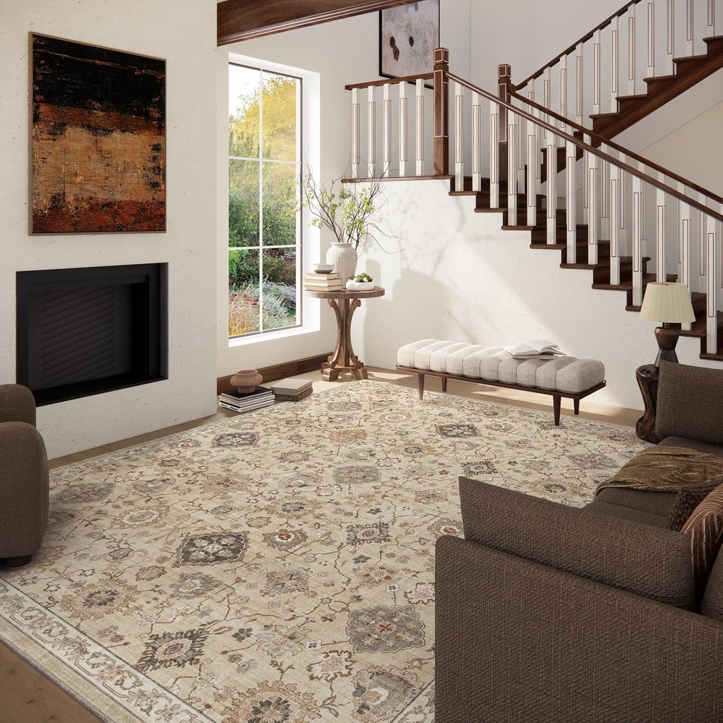 Machine Washable Rug for Living Room: 8x10 Area Rugs Boho Vintage Rug Stain Resistant Non Slip Low Pile Soft Lightweight Carpets for Bedroom Kitchen Dining Room Nursery Kids Room Farmhouse