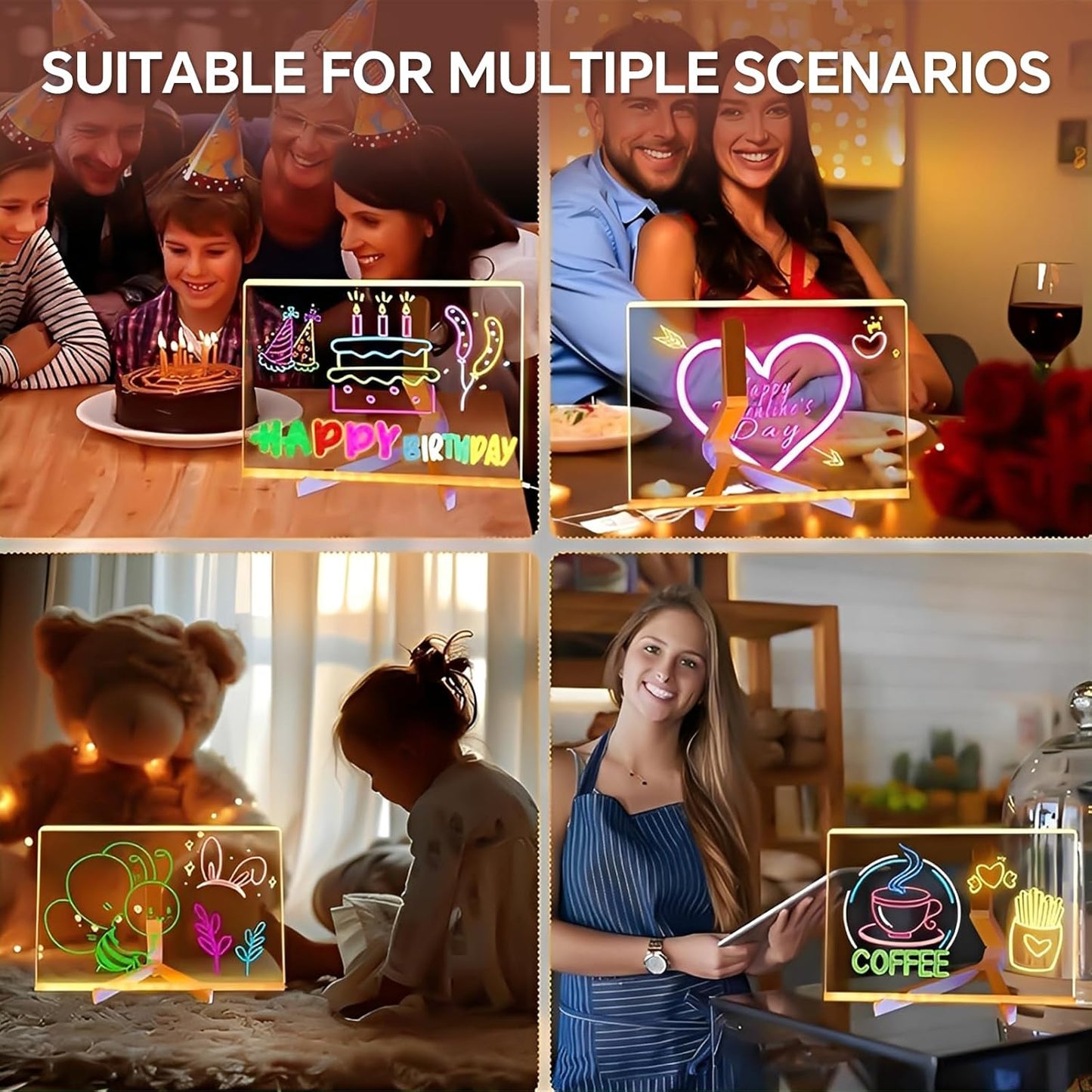 Led Drawing Board, Acrylic Dry Erase Board with Bracket, 15.7" X 11.8" Glow Writing Board, Led Note Board Comes with 7 Drawing Pens and 5 Cartoon Doodle Paper for Office School Home