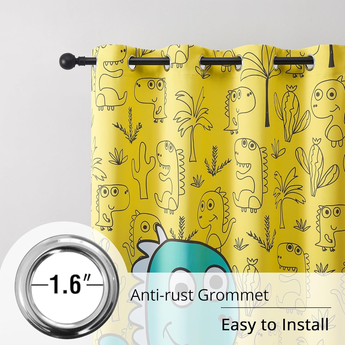 Dinosaur Blackout Curtains for Kids Room - 2 Panels, Each W52×L63, 100% Blackout, Thermal Insulated, Noise Reducing, Perfect for Kids Room and Nersury
