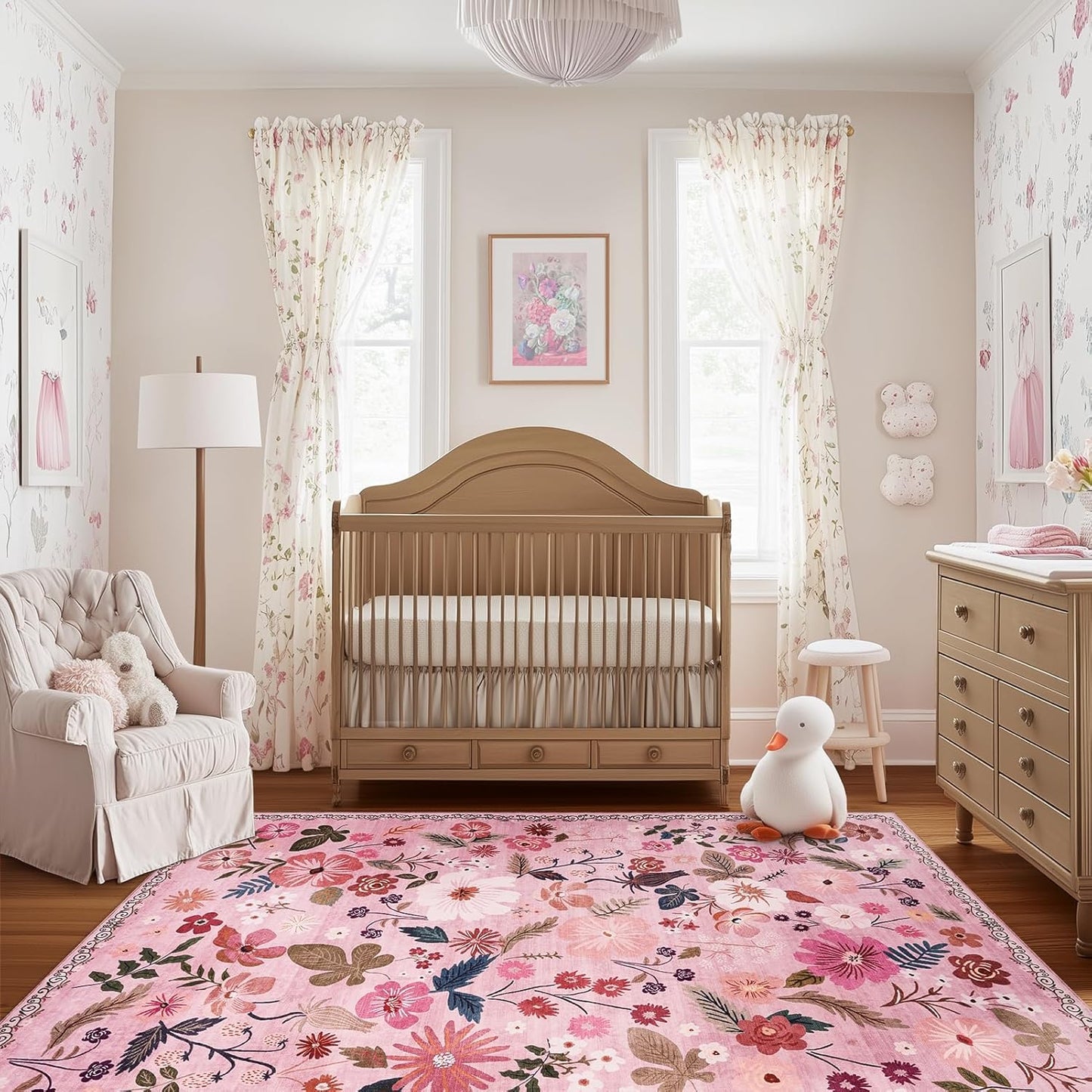 5x8 Area Rug for Nursery Girl Pink Floral Boho Cute Washable Soft Low Pile Non Slip Rugs Vintage Sound Absorbing Stain Resistant Big Carpet Rug for Bedroom Playroom Spring Living Room Dining Room