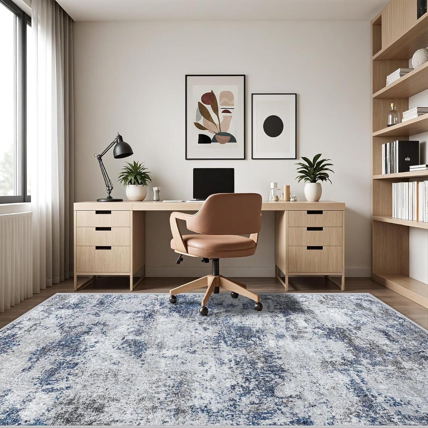 Area Rug 9x12 Washable Rugs: Abstract Large Living Room Rugs with Non-Slip Backing, Stain Resistant Indoor Floor Carpet for Bedroom Dining Room Table Nursery Hallway Home Office Blue/Gray/Black