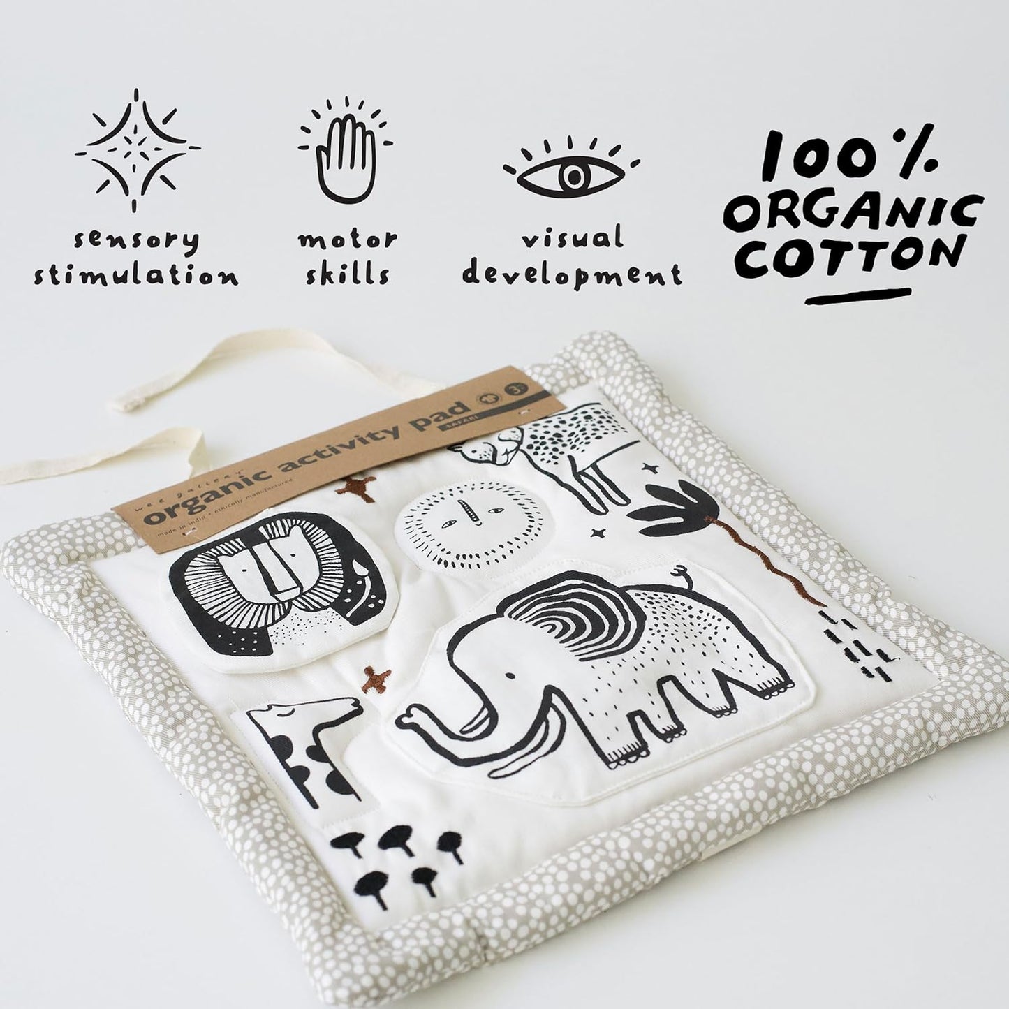 Wee Gallery Safari Activity Pad Organic Baby Play Mat with Sensory Toys, High Contrast Newborn Essentials Soft Tummy Time Mat for Babies 0-12 Months, Visual and Motor Skill Development Toy