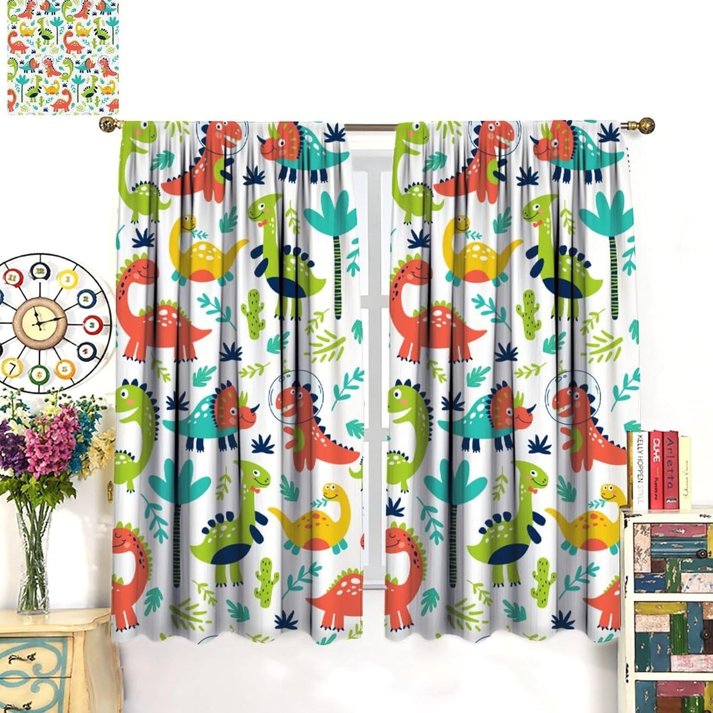 Rustic Dinosaurs Curtains Colorful Dino Kids Boys Cartoon Cute Cool Funny Decor Printed Blackout Rod Pocket Window Drapes for Living Room Bedroom W21xL63in 2 Panels