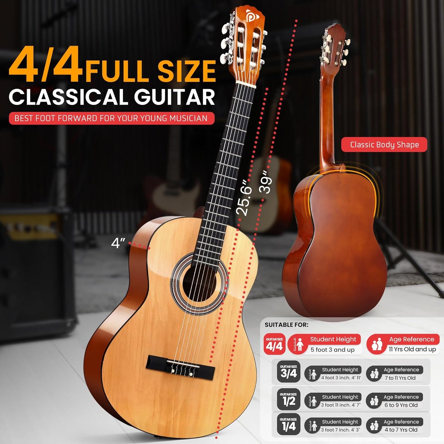 Pyle Beginner Acoustic Guitar Kit, 4/4 Full Size All Wood Build Nylon String Instrument with Capo, Strap, Extra String Set, Gig Bag, Guitars for Beginners Adults Youth, 39" Natural Gloss