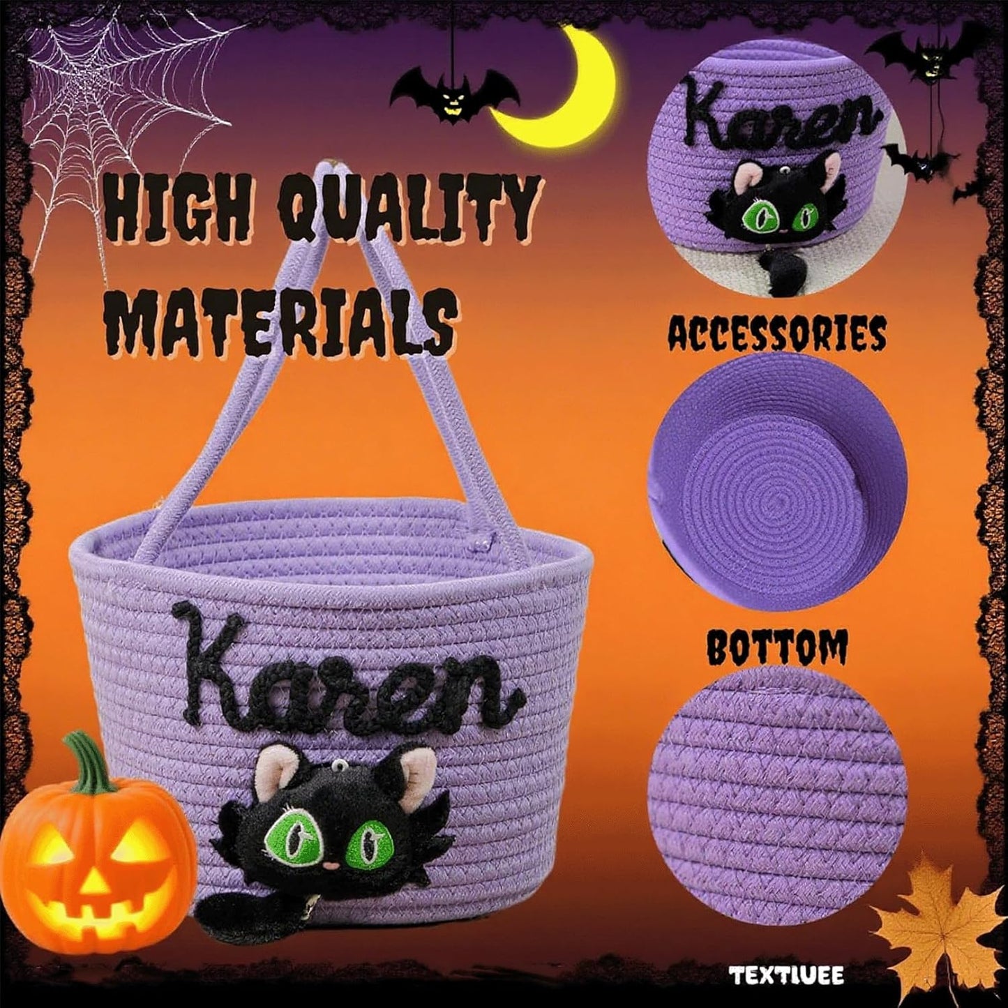 Custom Halloween Candy Basket with Name – Personalized Trick or Treat Bag for Kids, Woven Pumpkin or Ghost Bucket, Cute Halloween Tote for Boys & Girls