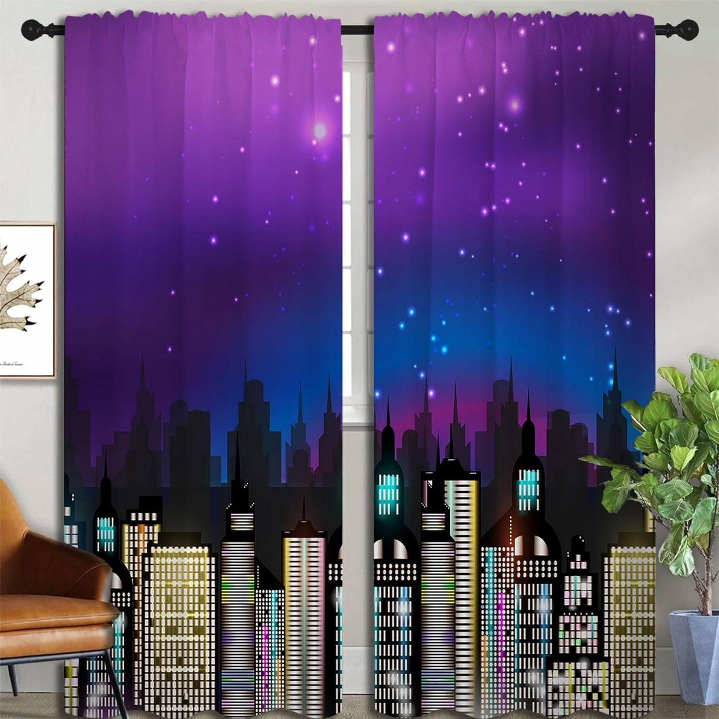 Superhero Rod Pocket Blackout Curtains for Boy Girl Bedroom, Super City Skyline Buildings Night Panorama Thermal Insulated Home Window Drapes for Living Room Darkening, 84x72 inch
