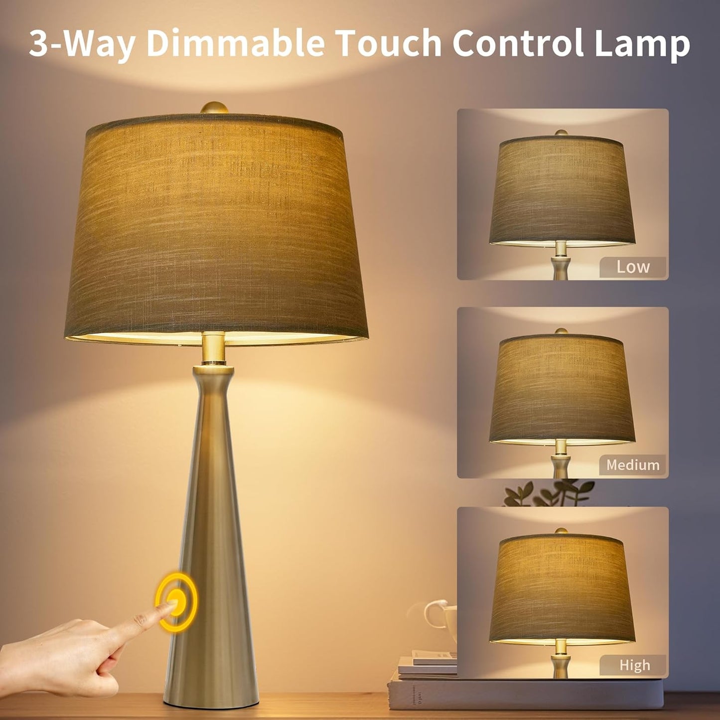 Oneach 25.75" Table Lamps for Living Room Bedroom, Bedside Lamp 3-Way Dimmable Touch Control, Modern Silver Nightstand Light Fabric Shade Vintage Accent Style