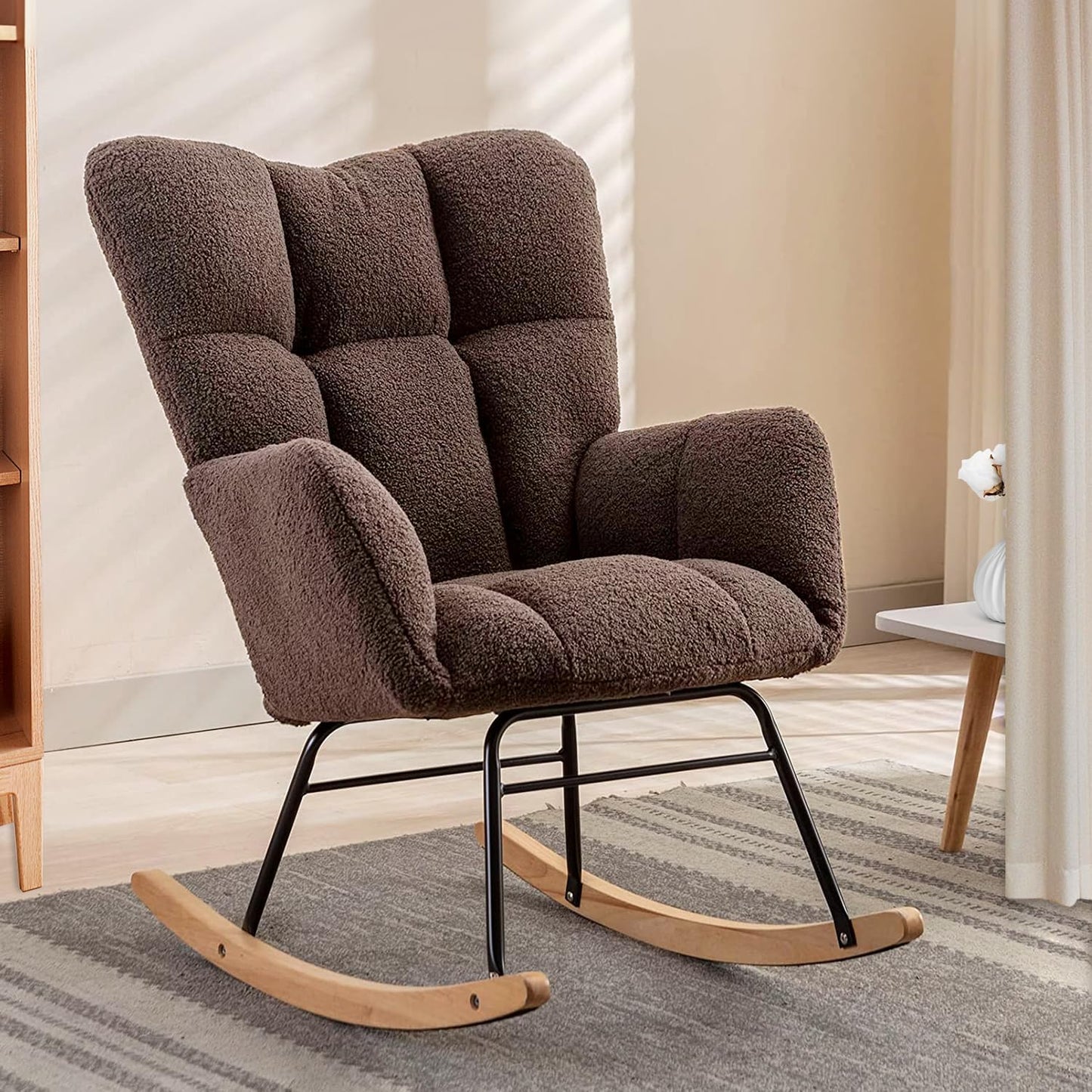 Nursery Rocking Chair, Teddy Upholstered Glider Rocker with High Backrest Armchair, Modern Rocking Accent Chairs for Nursery, Living Room, Bedroom, Offices (Brown)